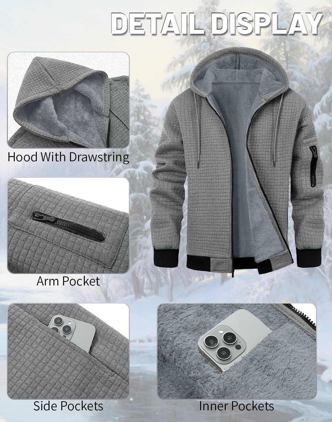 Mens Zip Up Hoodie Sherpa Lined Sweatshirt Heavyweight Fleece Full-Zip Winter Warm Jackets - Image 6
