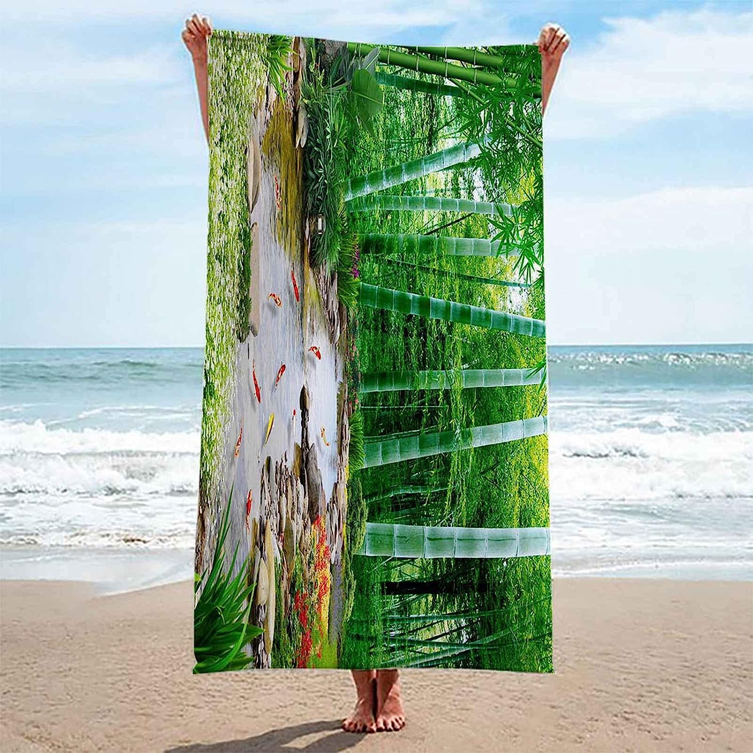Telo Mare Grande, Microfibra Asciugamano Da Spiaggia, Teli Mare Xxl 200 X 200 Cm, Asciugatura Rapida Antisabbia Adulti Teli Mare Per Nuoto Campeggio 3D Telo Mare Scenario Del Torrente Di Bambù -6U7L