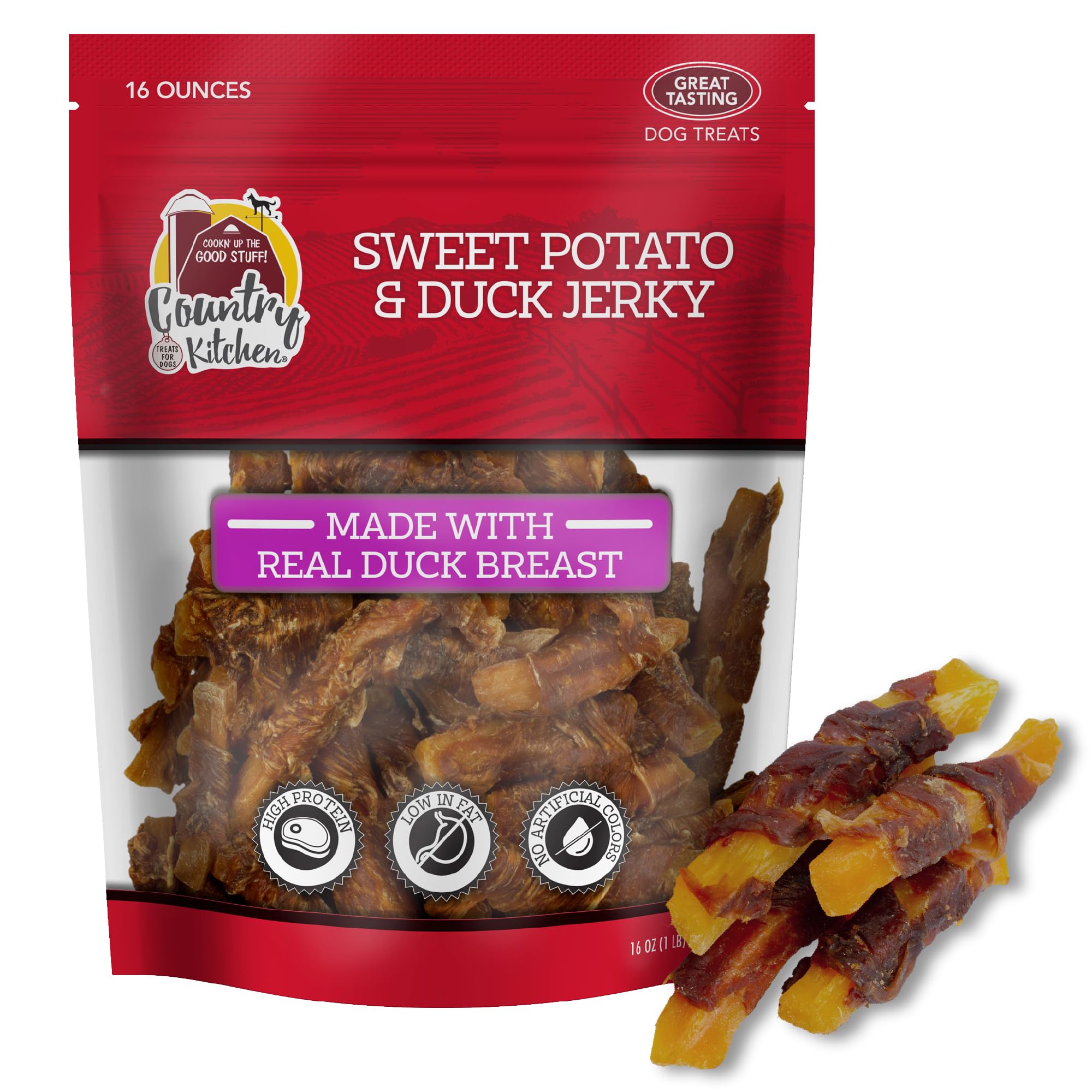 Country Kitchen Sweet Potato & Duck Jerky Tender Dog Treats, Made with Real Duck, High Protein, Low Fat, No Artificial Colors, 16 oz