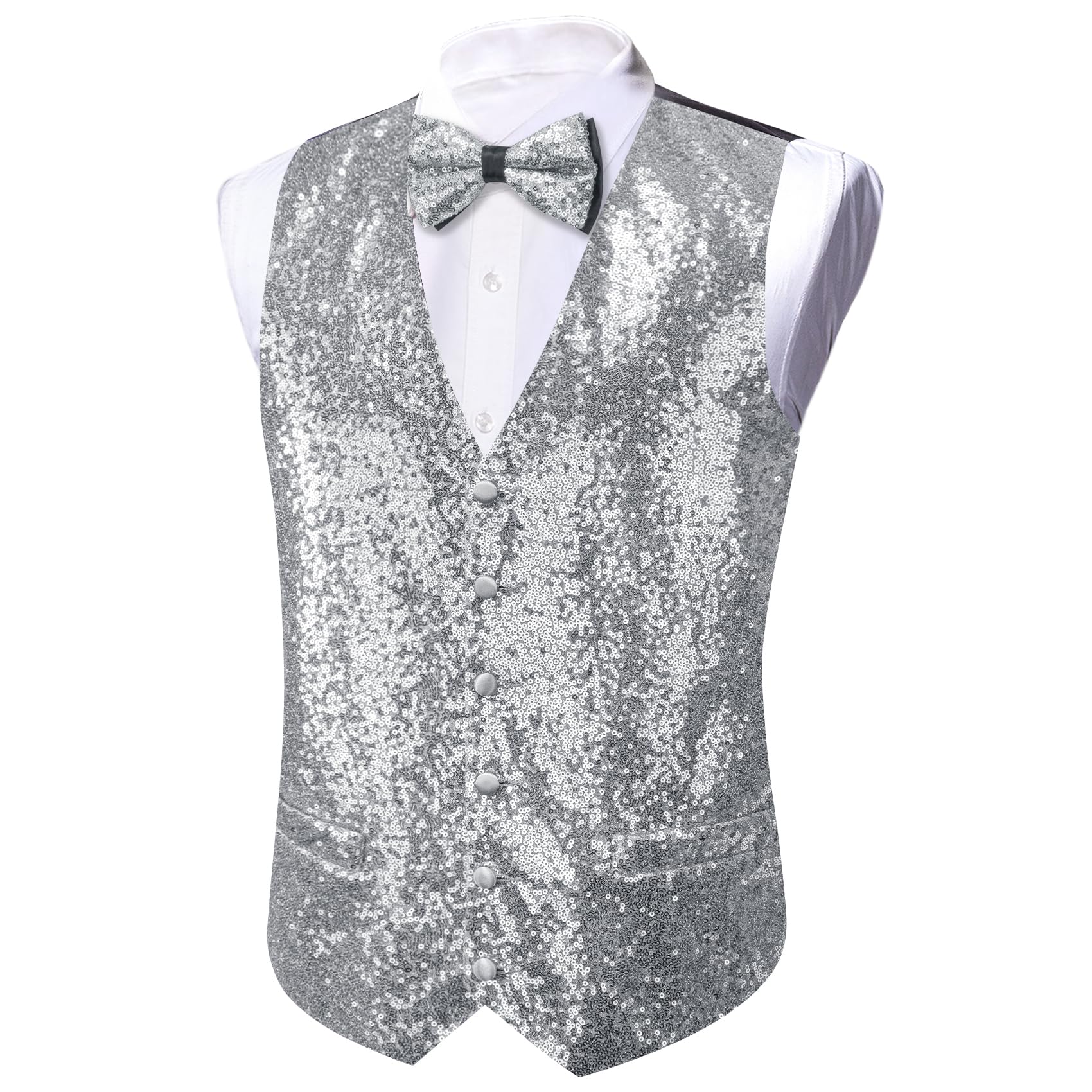 Barry.Wang Set di gilet da uomo con paillettes lucide, papillon, vestito casual scintillante, per festival, discoteca, feste, balli