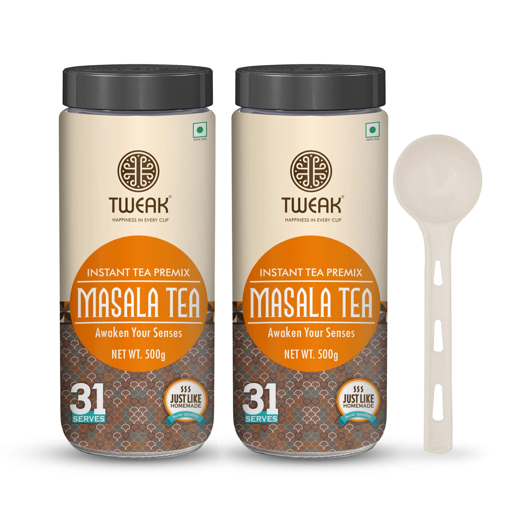 TWEAK Instant Masala Premix 500gram X 2 Jars | Premium Chai Premix | Instant Chai Mix with Milk & Sugar | Chai | Ready-to-Drink Herbal Masala Tea| Makes Approx 31 Cups 100ml Each Jar