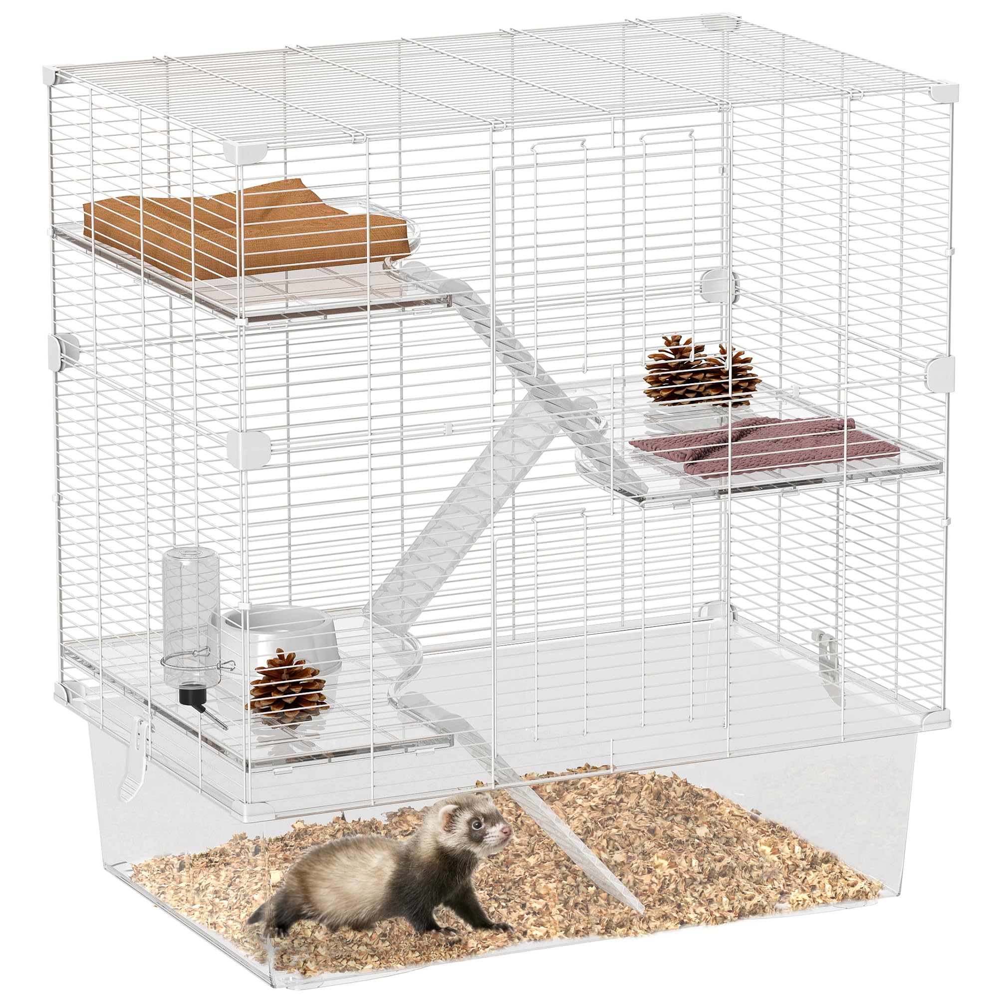 PawHut Gabbia per Roditori Multilivello con Accessori Inclusi, Gabbia per Criceti in Acciaio, PET e PS, 73x47x80 cm, Bianco