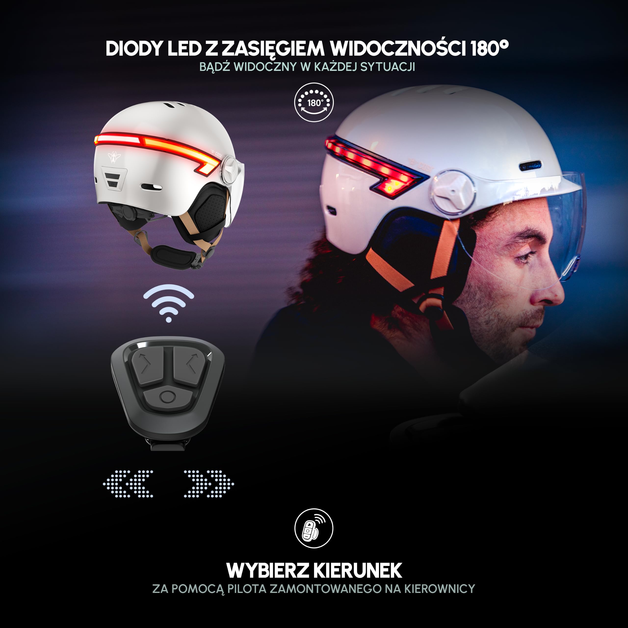 Kask CASR Glow, miejski kask ochronny LED, z certyfikatem EPI, kremowy, rozmiar M, trasertyczny i odpinany daszek, z diodami LED i kierunkowskaźnikami, uniwersalny pilot zdalnego sterowania,