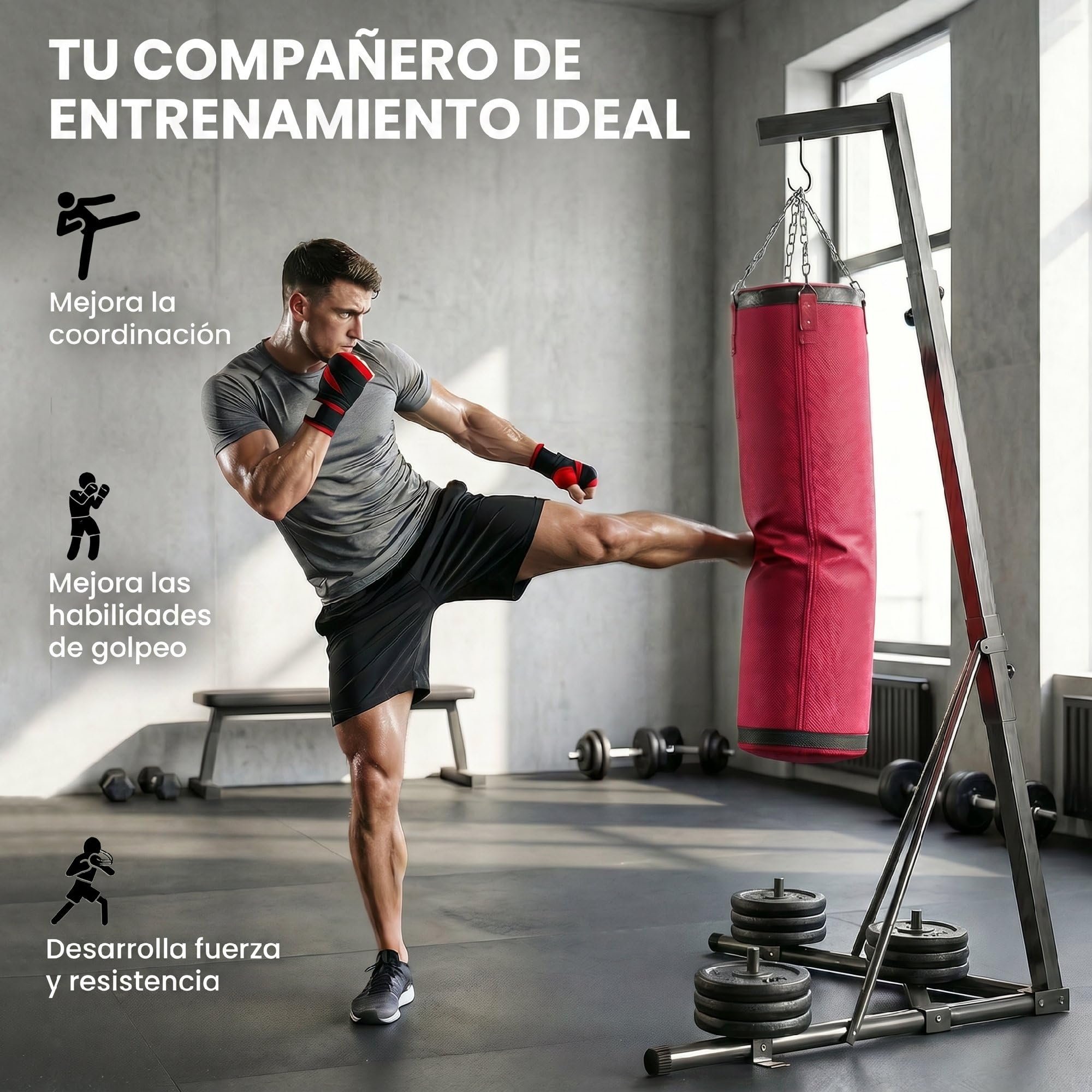 SPORTNOW Soporte para Saco de Boxeo de Pie de Acero, Soporte para Bolsa de Boxeo con Altura Ajustable 175–220 cm y 185–231 cm, Base Pesada y Bolsa de Arena, Entrenamiento para MMA, Gimnasio en Casa