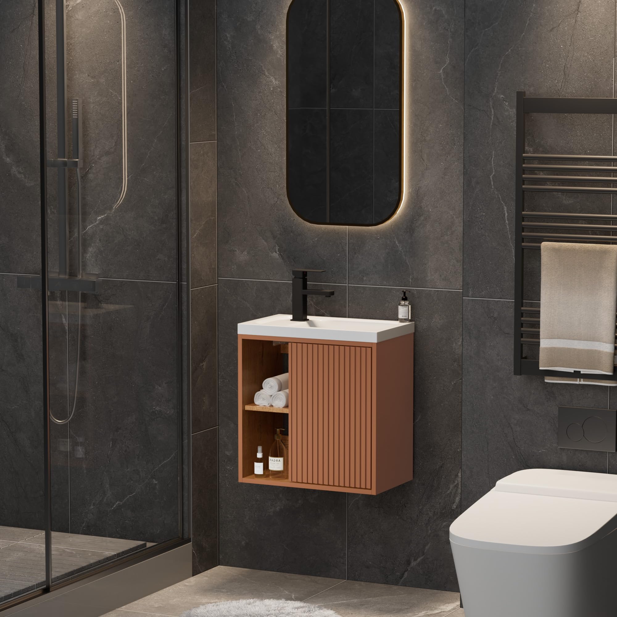 UEV Mobile Bagno con Lavabo in Resina, Mobiletto Bagno Sospeso con Unico Design e Praticità, Motivo a Righe Verticali, 50,5 x 30 x 50 cm, Rosa