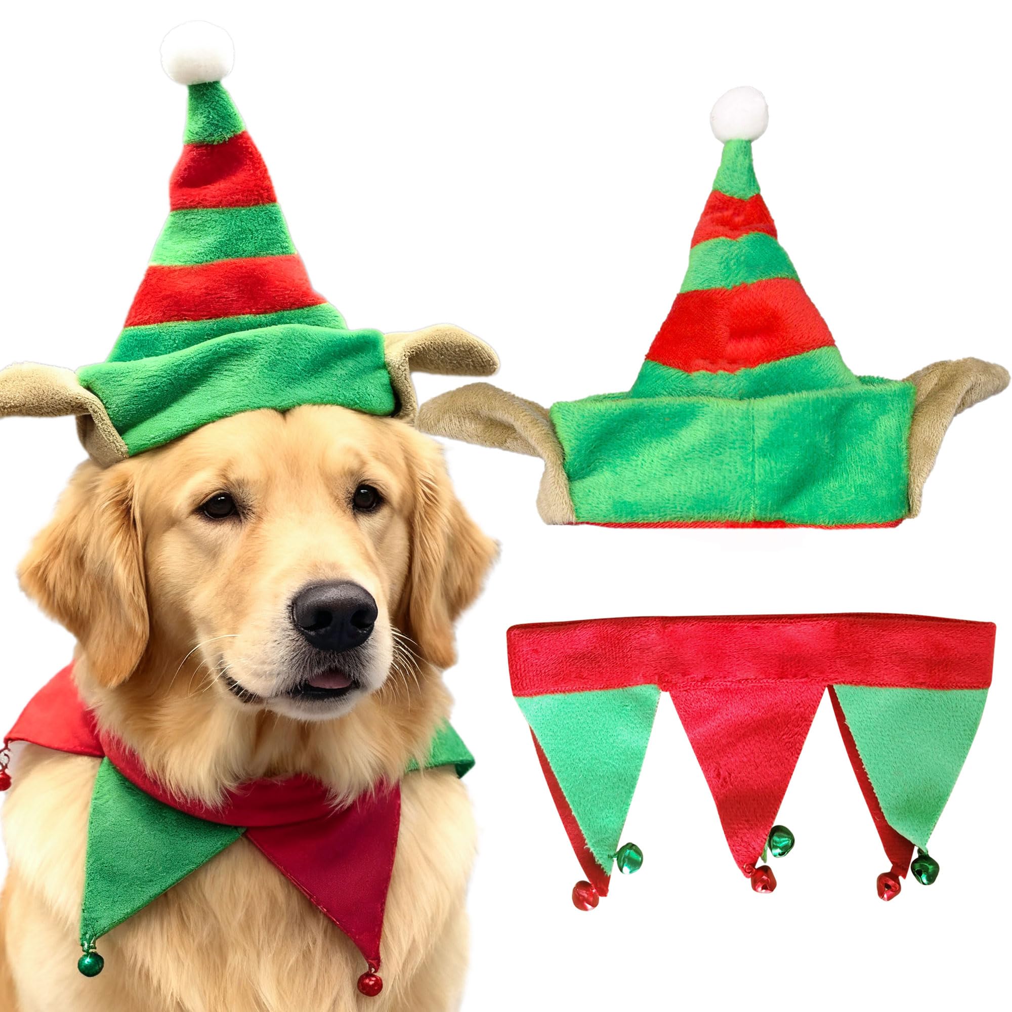 LaVenty Christmas Santa Hat for Dog Bell Scarf Elf Costume for Puppy Cat Dog Party Outfit Red and Green L Size