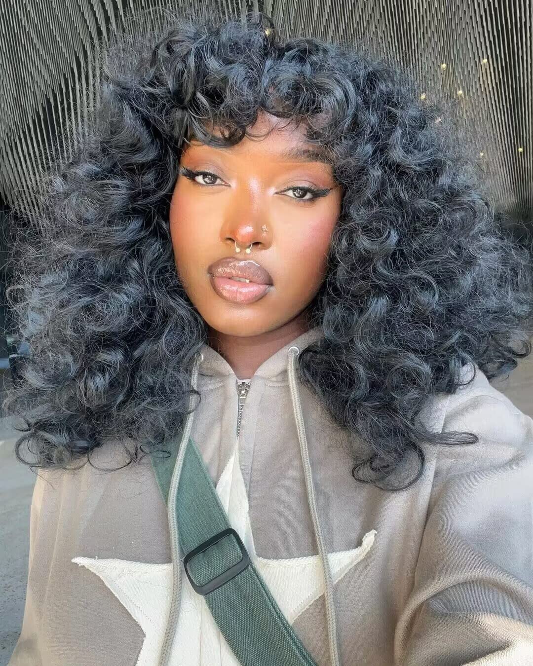 RunM Black Curly Wigs for Black Women Long Curly Afro Wig with Bangs for Women Big Bouncy Fluffy Synthetic Fiber Glueless Hair（Black）