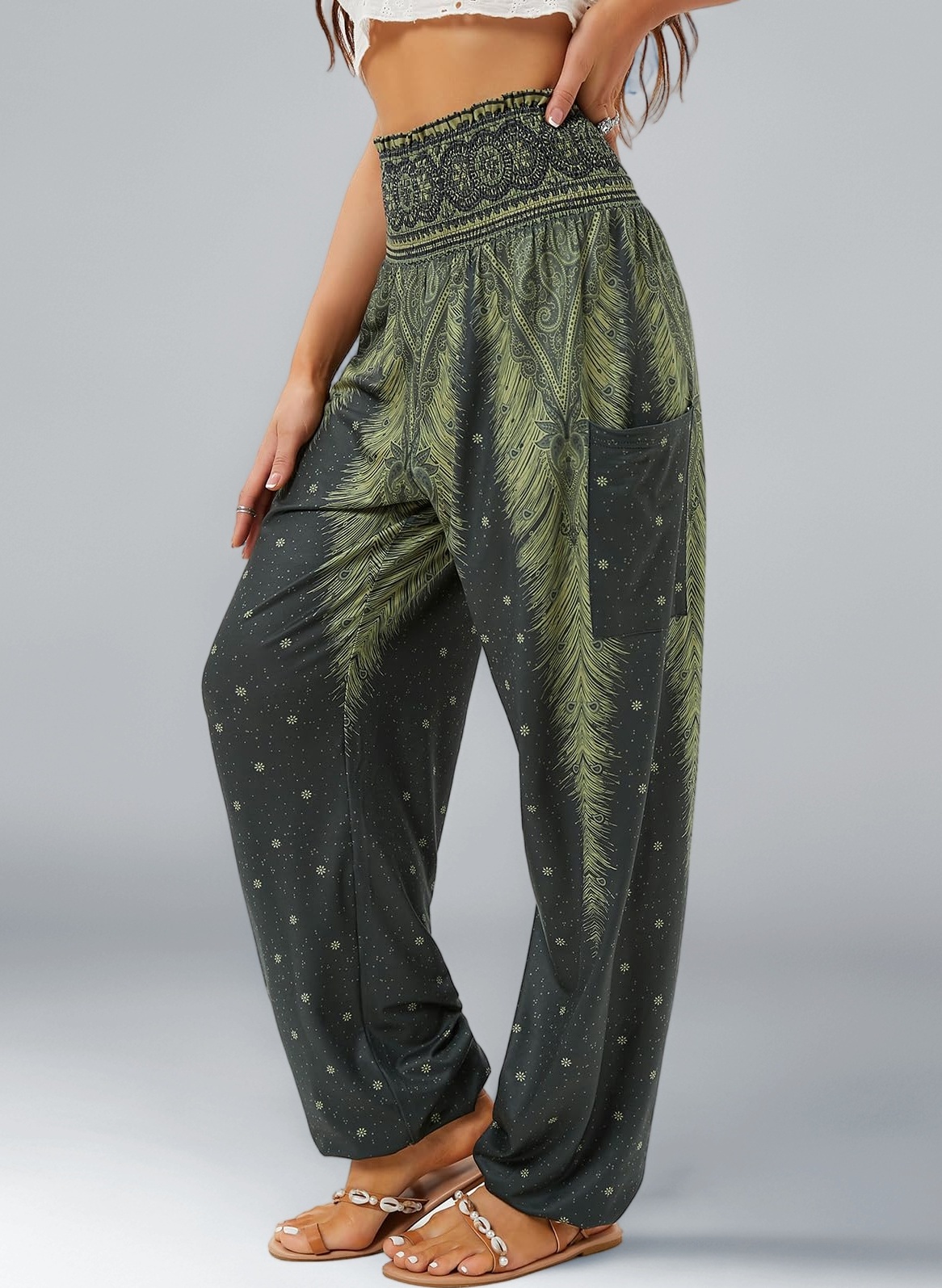 Women's Harem Pants, High Waist Yoga Boho Trousers with Pockets