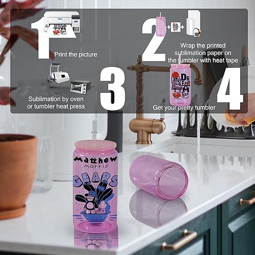 Miniatura 6 de sweet grain Latas de vidrio de sublimación con tapas y popotes (paquete de 4)  16 onzas en blanco de vidrio de sublimación de color transparente,