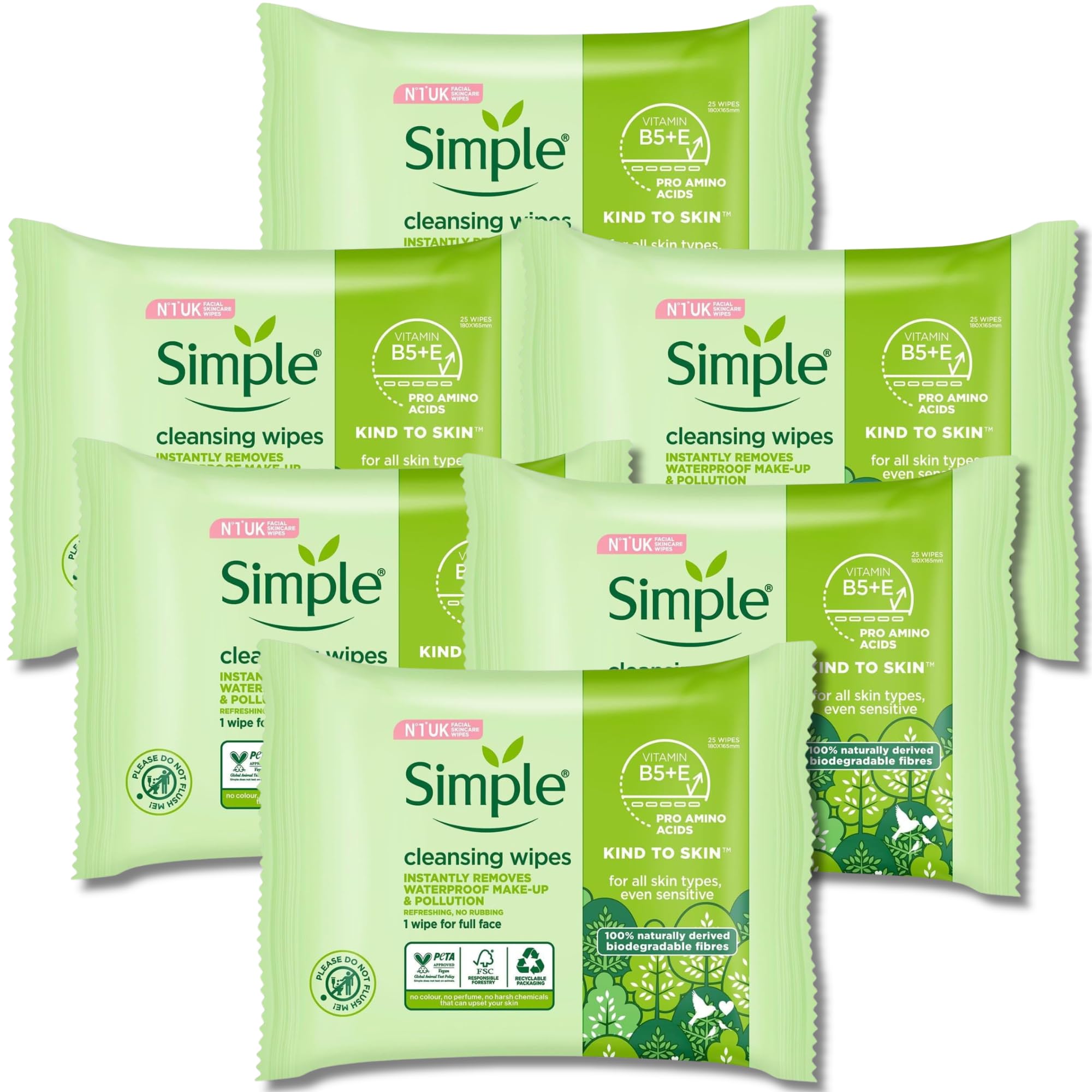 Facial Cleansing Wipes Kind to Skin Sensitive - 6 Pack with 25 Gentle, Hypoallergenic Wipes Per Pack for Sensitive Skin, Dermatologically Tested for Effective and Soothing Cleansing