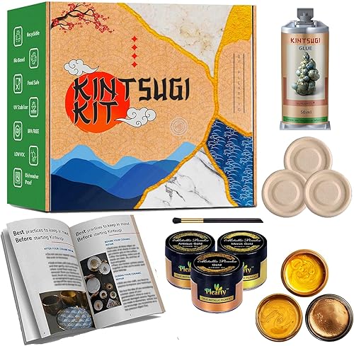 Plearty Kintsugi - Kit de reparación de oro seguro para alimentos, 1.7 fl oz, resina epoxi de 2.12 oz, polvo de mica dorado metálico, 15 páginas