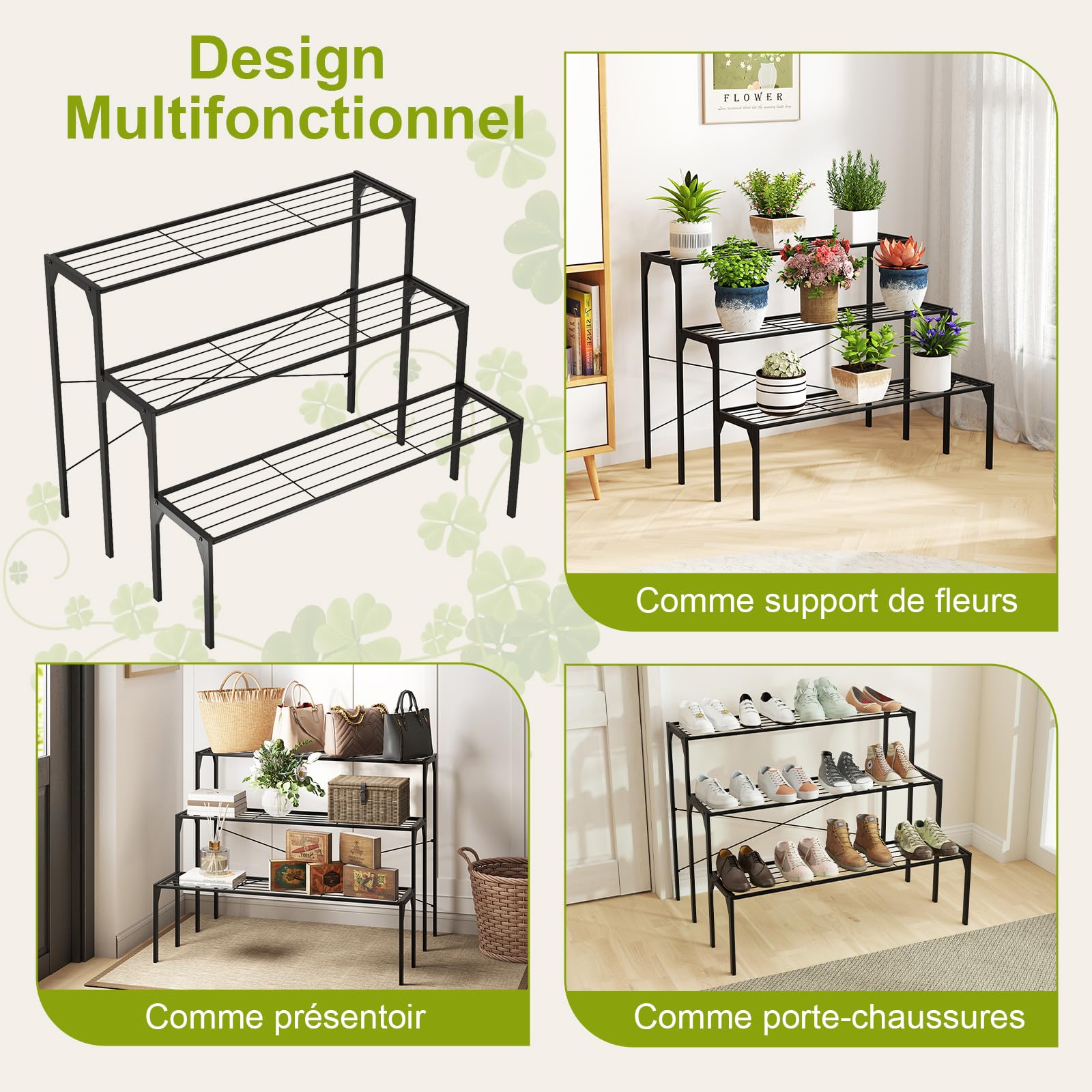 COSTWAY Support de Plantes en Métal à 3 Niveaux, Coussinets Antidérapants | Étagère Échelle à Fleurs pour Balcons, Terrasses, Jardins et Salons, 85 x 65 x 66 cm