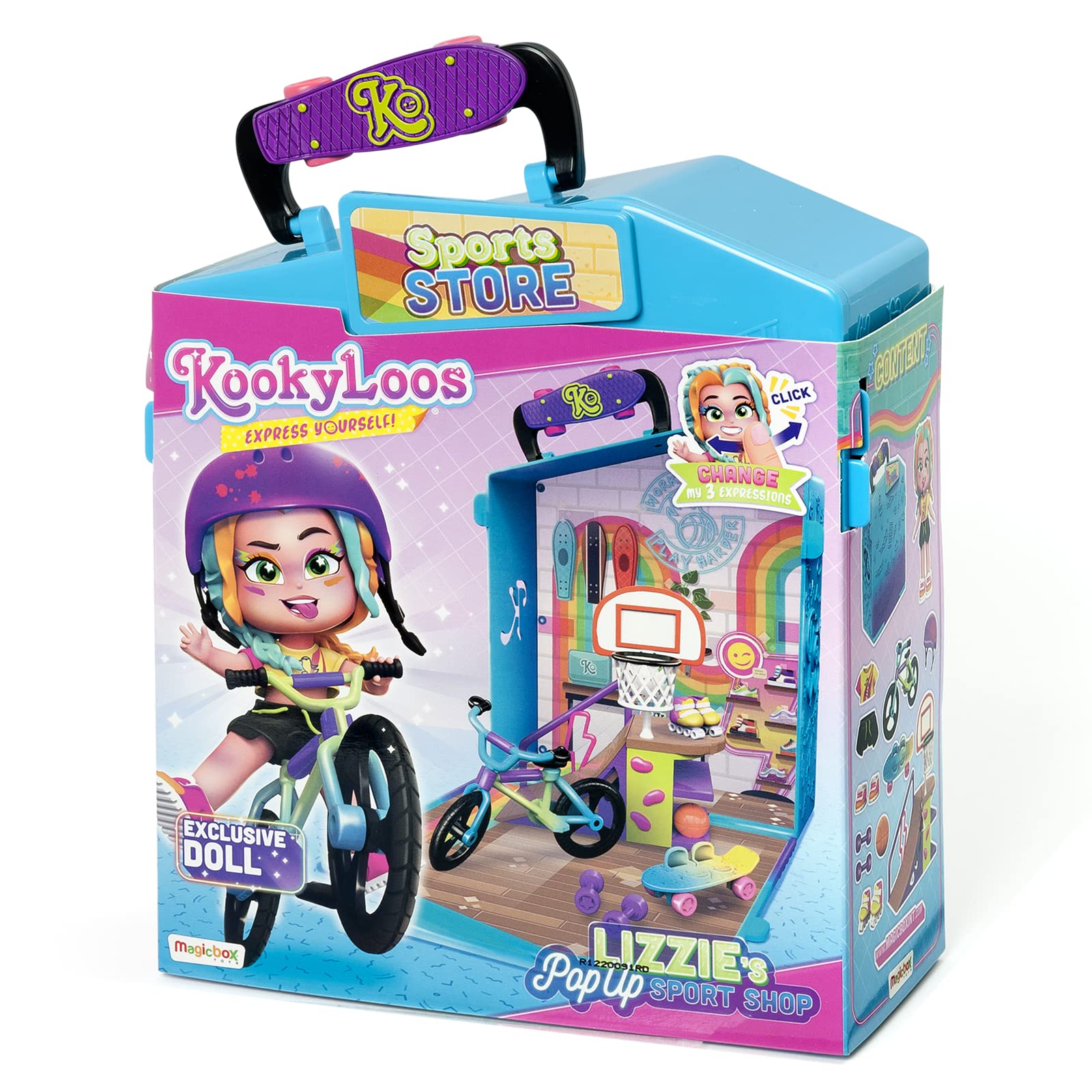 KOOKYLOOS Lizzie's Pop Up Sport Shop sklep z akcesoriami, ekskluzywną lalką z 3 zabawnymi wyrazami twarzy, 2 ekskluzywnymi zwierzętami