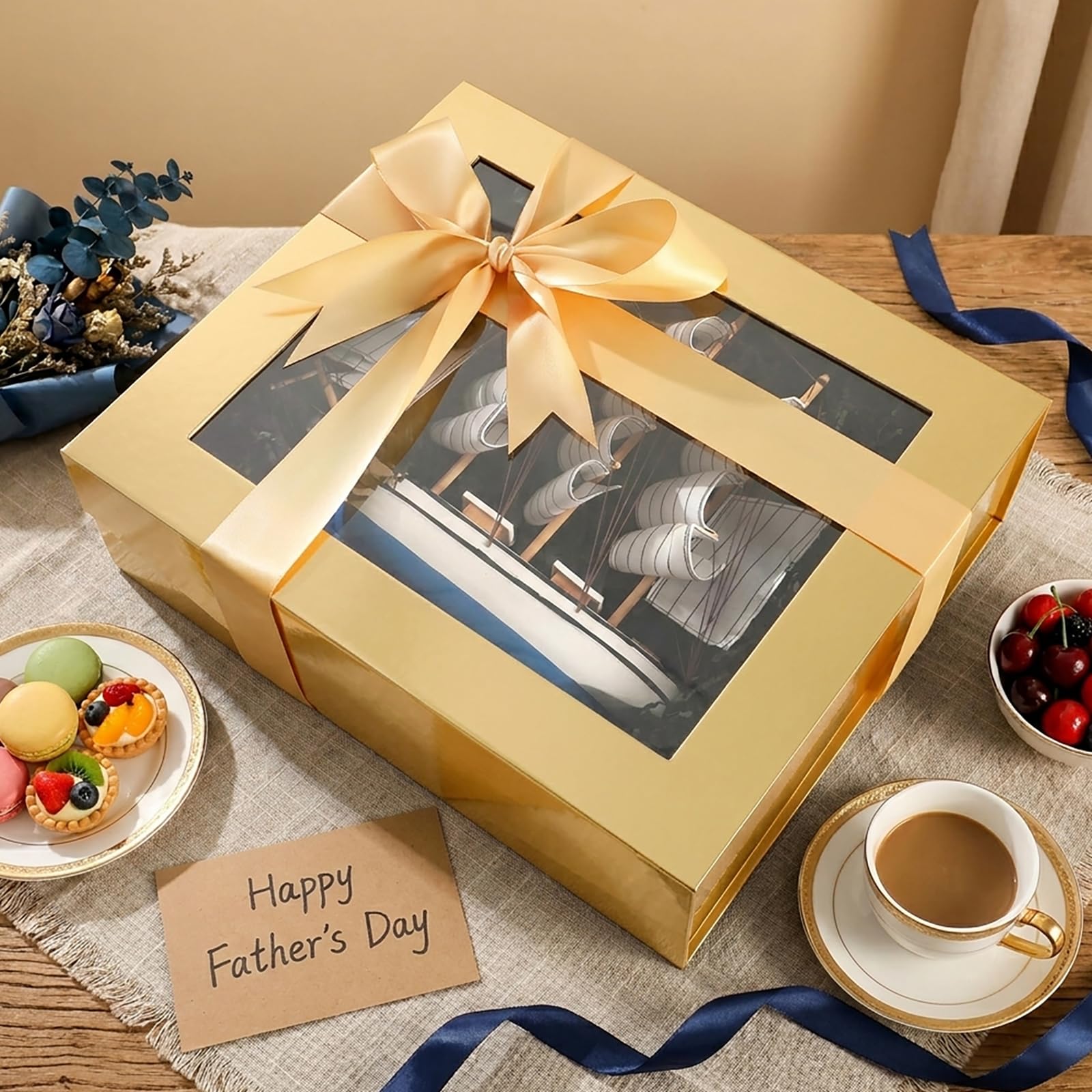 PACKQUEEN 5 extra große goldene Geschenkboxen mit Fenster, 41 x 36 x 12 cm, transparente Geschenkboxen für Geschenke enthalten Bänder, Karten, Brautjungfernantragsboxen mit magnetischen Deckeln