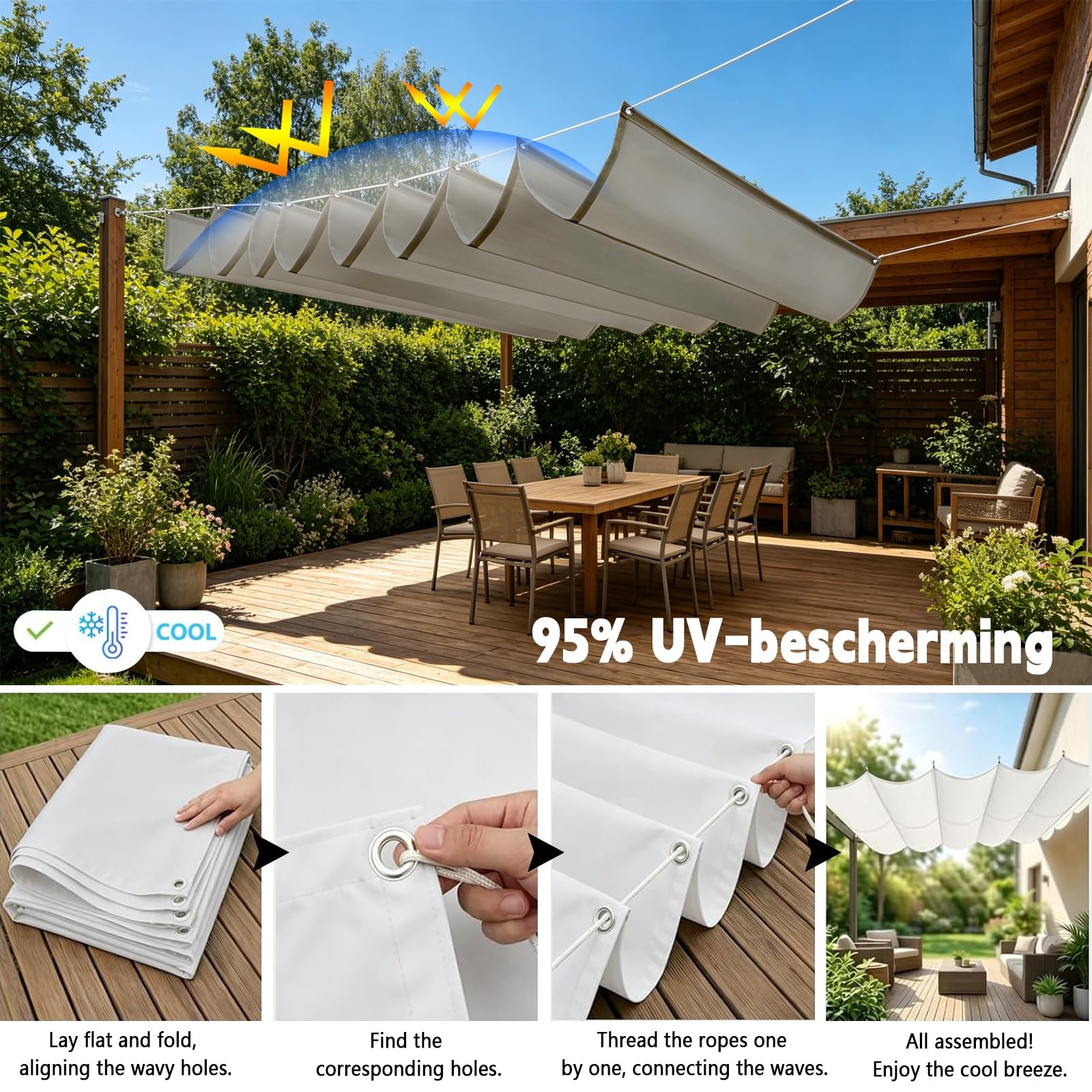 Einziehbares Sonnensegel 140 x 300 cm Pergola, Wasserabweisend Einziehbar Welle Überdachung, Uv-Schutz 50+, Wetterfest, Sonnenschutz für Garten Pergola Balkon Terrasse, Hellgrau