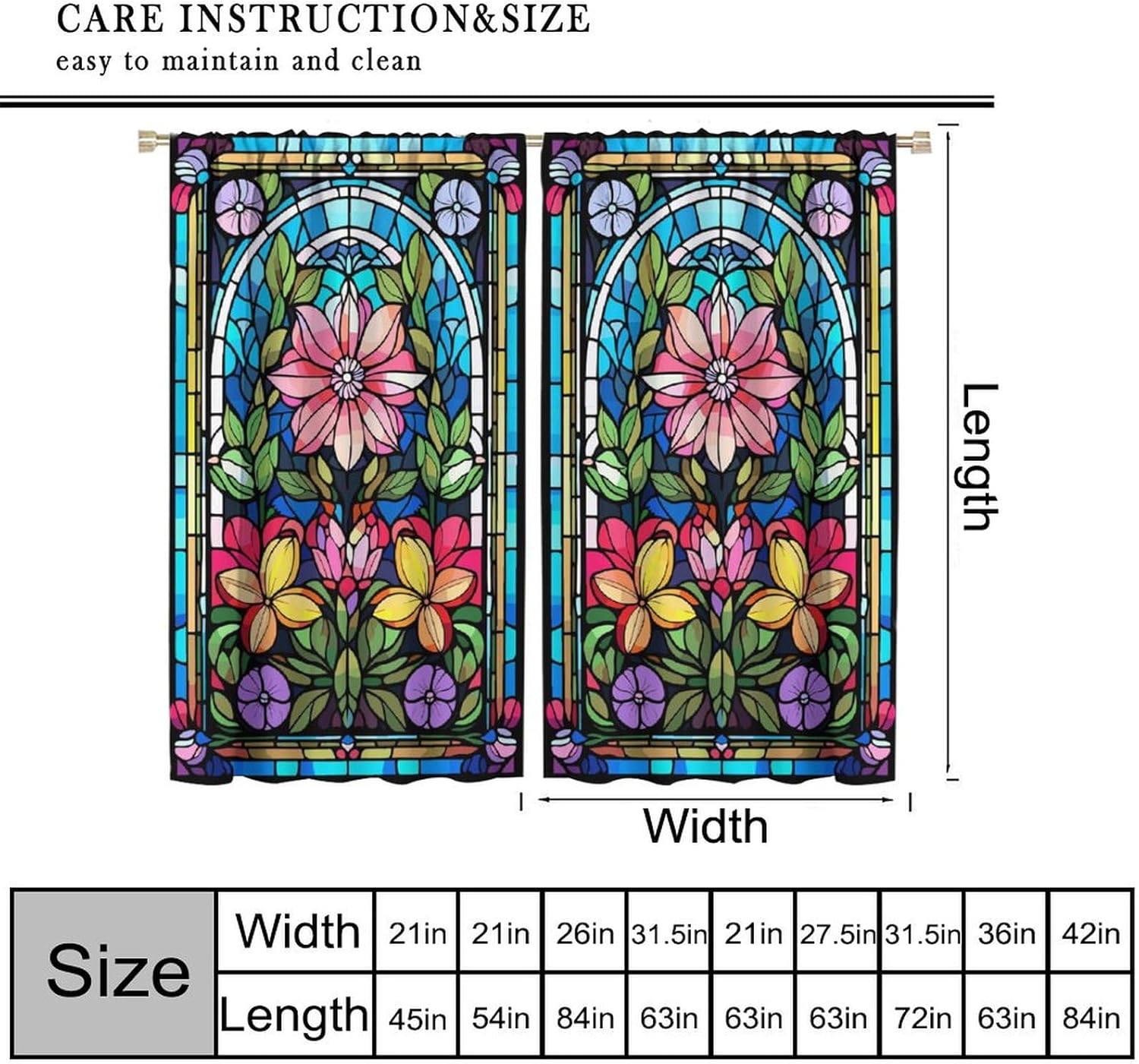 Stained Glass Floral Curtain, Mid Century Vintage Scenery Botanical Flower Rod Pocket Window Treatments for Bedroom Living Room 42" W X 45" L