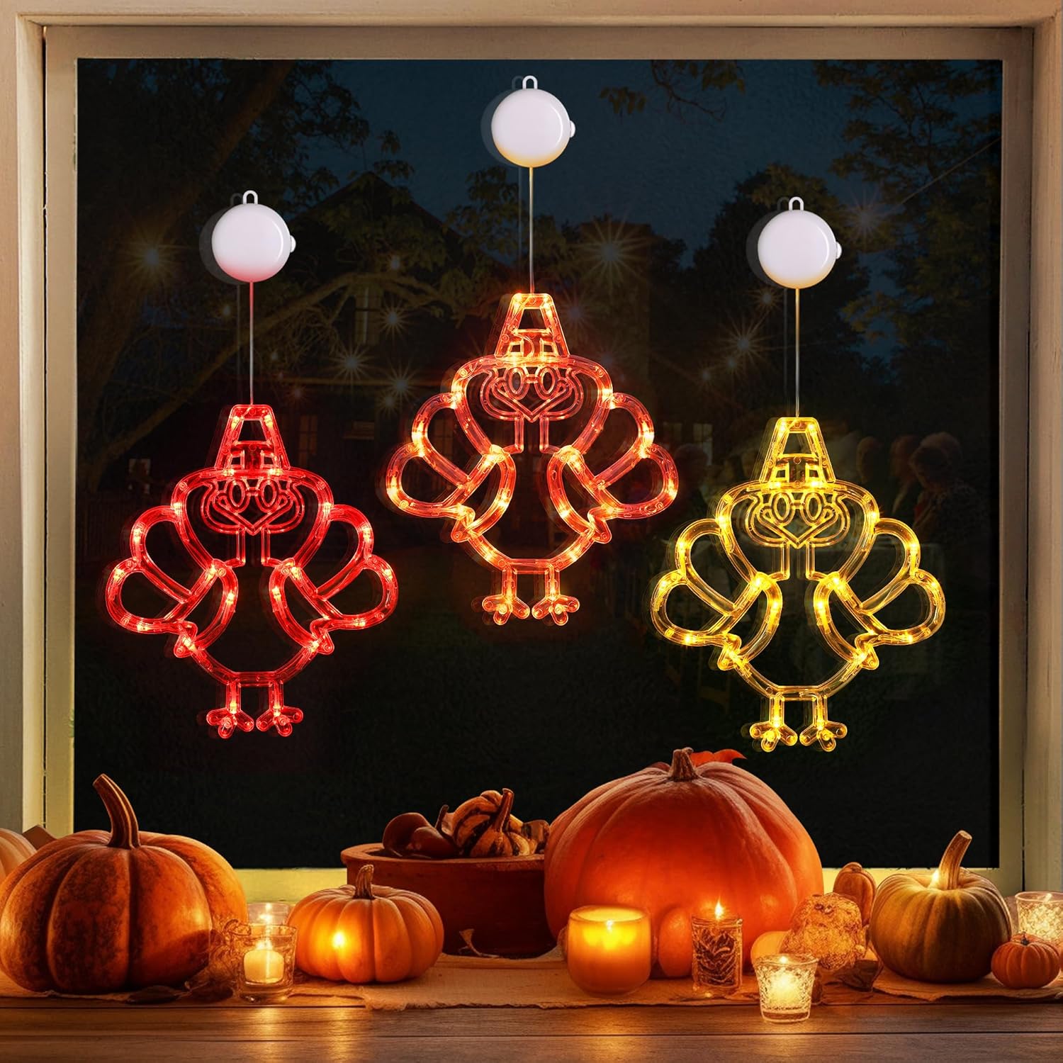 3 Pack Thanksgiving Turkey Lights, Battery Operated Window Lights with Timer, Red Orange Yellow LED, Plastic, Modern Contemporary Style
