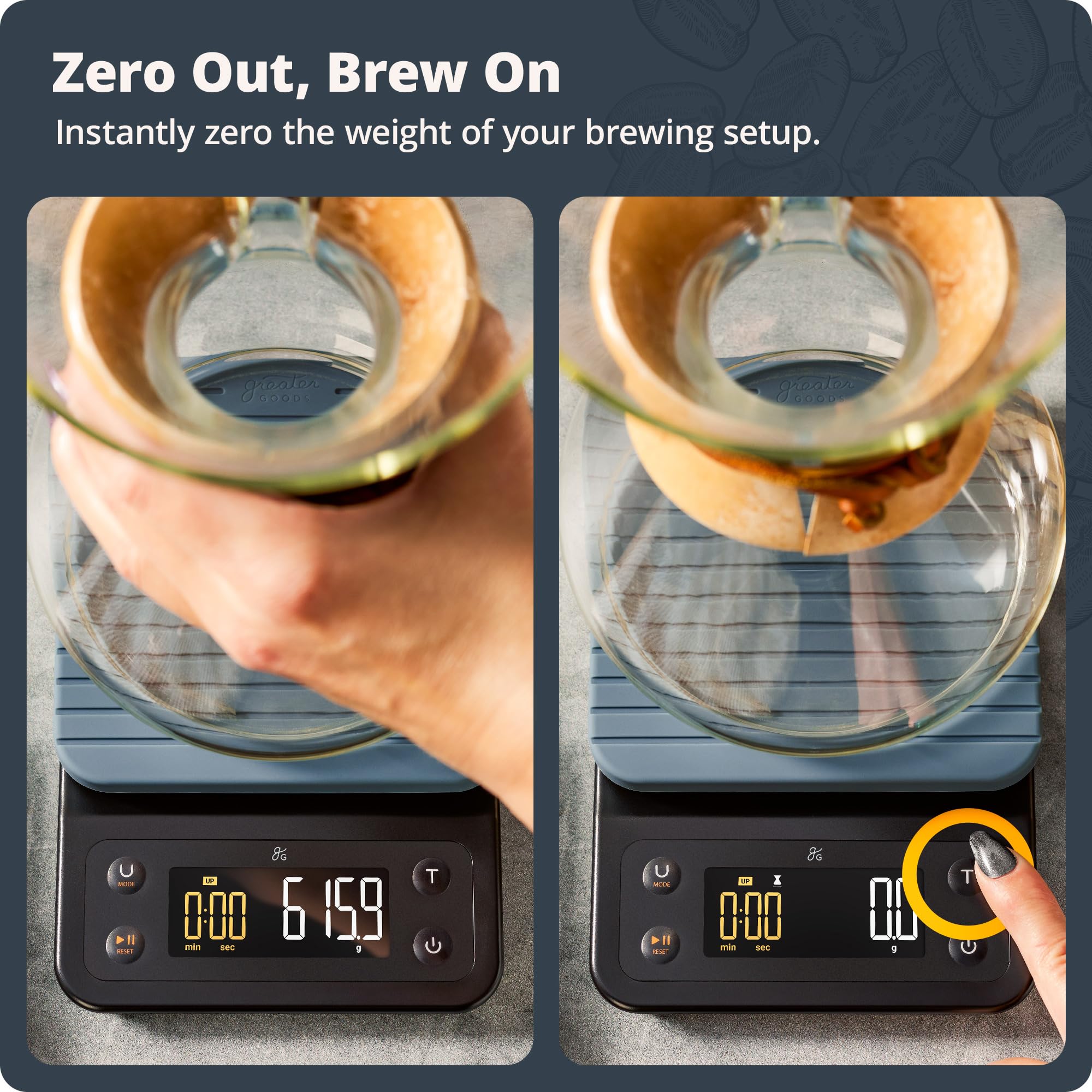Greater Goods Báscula de café de precisión de 0,1 g con temporizador, báscula digital de 3 kg para verter, espresso, prensa francesa, uso en cocina (azul piedra)