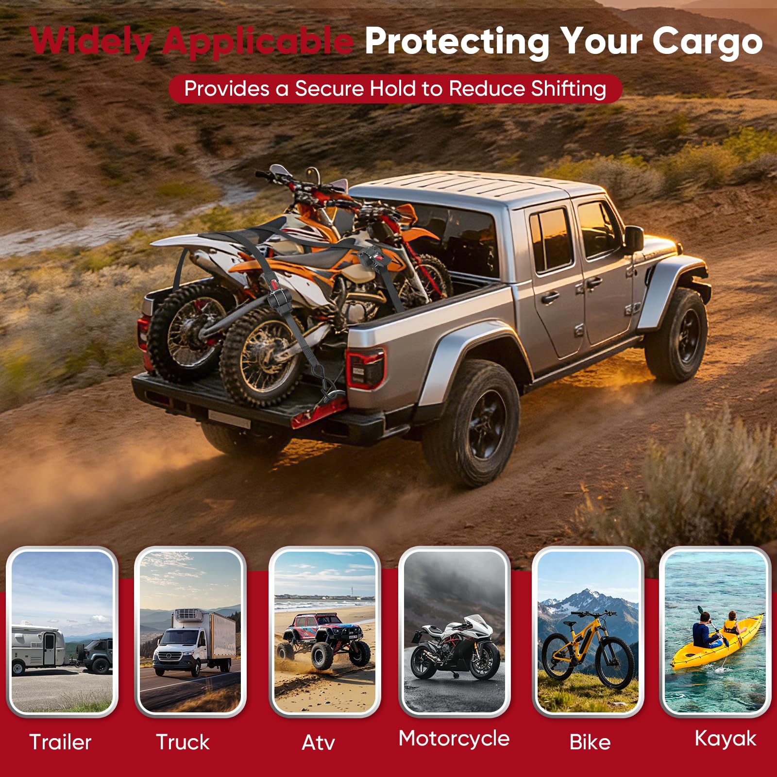 Cinghie a Cricchetto Automatiche, Set da 2 Cinghie di Fissaggio per Moto, 3,5 m x 25 mm, Portata 680 kg. Cinghia di Ancoraggio con Ganci a S per Camion, Auto, Rimorchi, Motociclette, Barche - 5