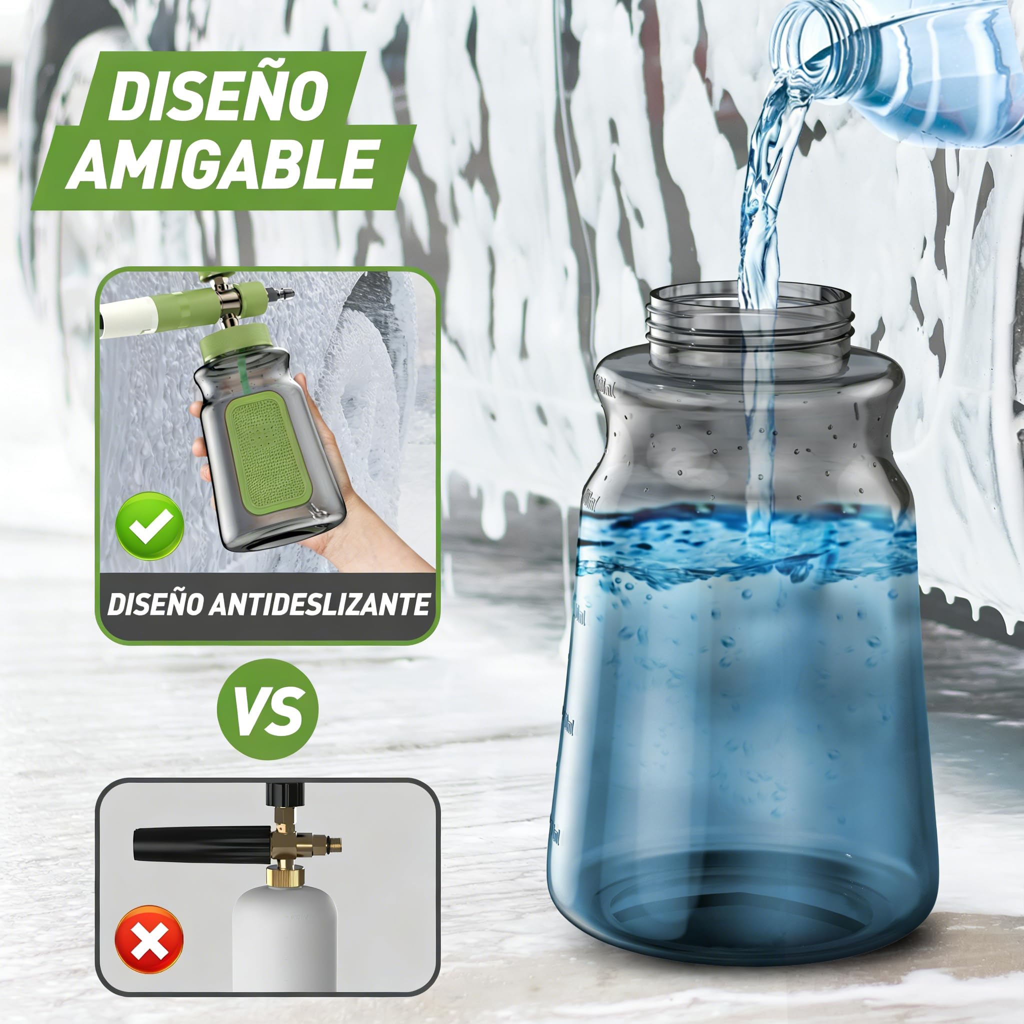 OHAYORI Lanza de Espuma con Pistola Hidrolimpiadora de 1/4 de Conexión Rápida, Cañón de Espuma con Núcleo de Latón, Diseño sin Herramientas, Botella Antideslizante de 1 L de Boca Ancha