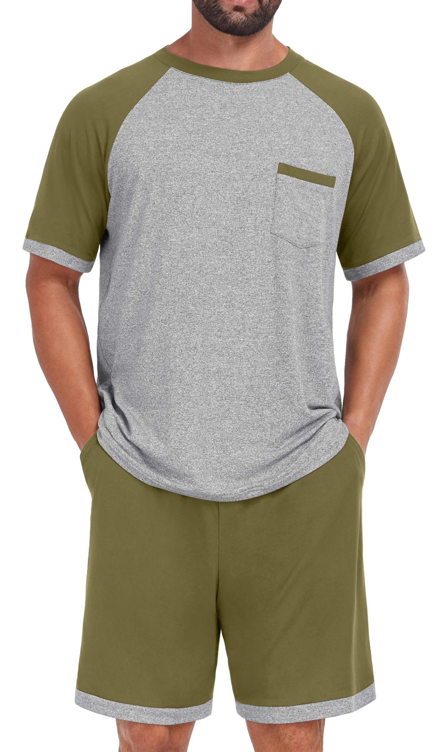 Mens Pajamas Set Shirt and Shorts Lightweight Summer Sleepwear