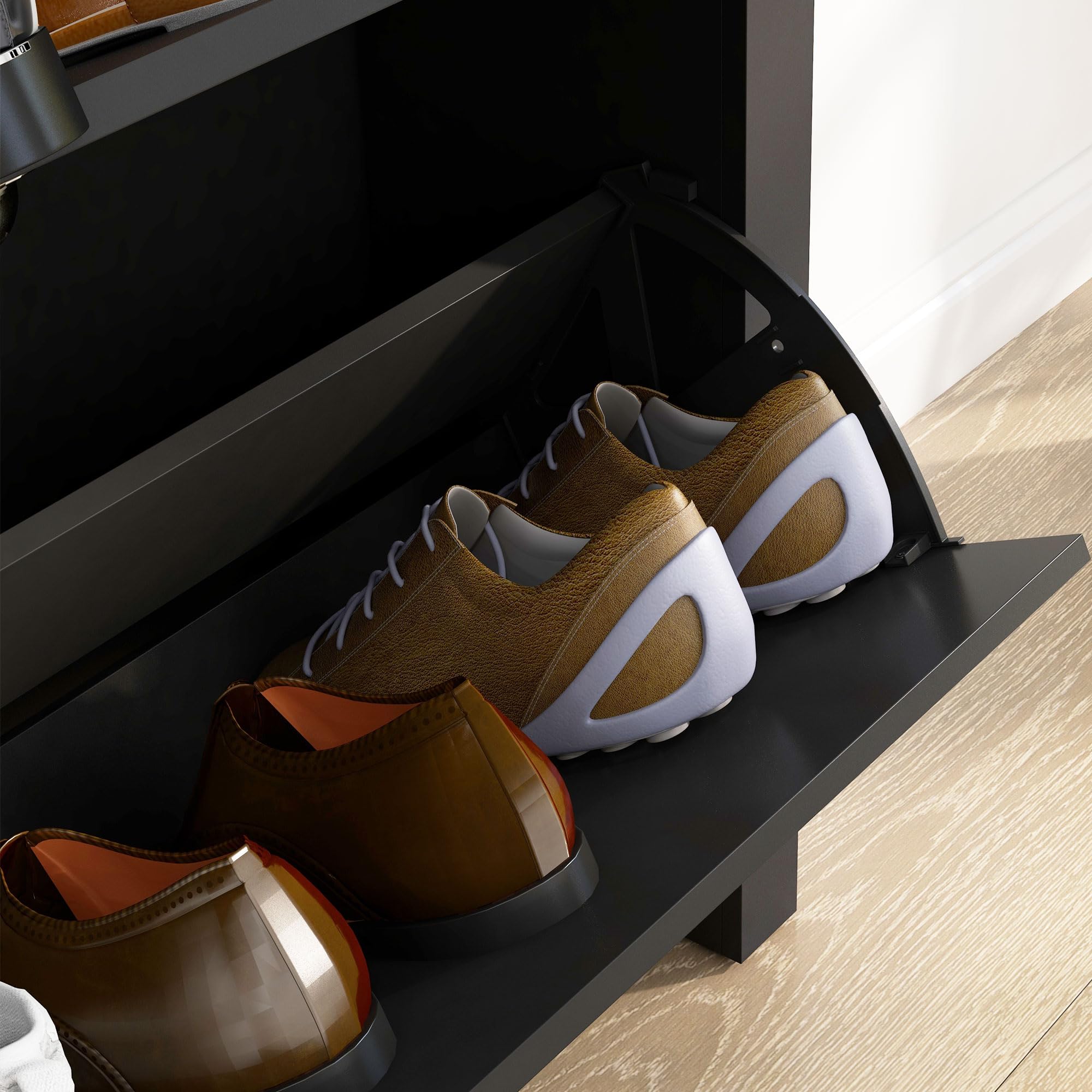 HOMCOM Meuble à Chaussures 12 Paires Étroite 79x23x90,5 cm Noir et Chêne | Armoire à Chaussures, 2 Tiroirs Rabattables, Étagères Réglables, Poignées Coquilles Métal, pour Couloir, Entrée