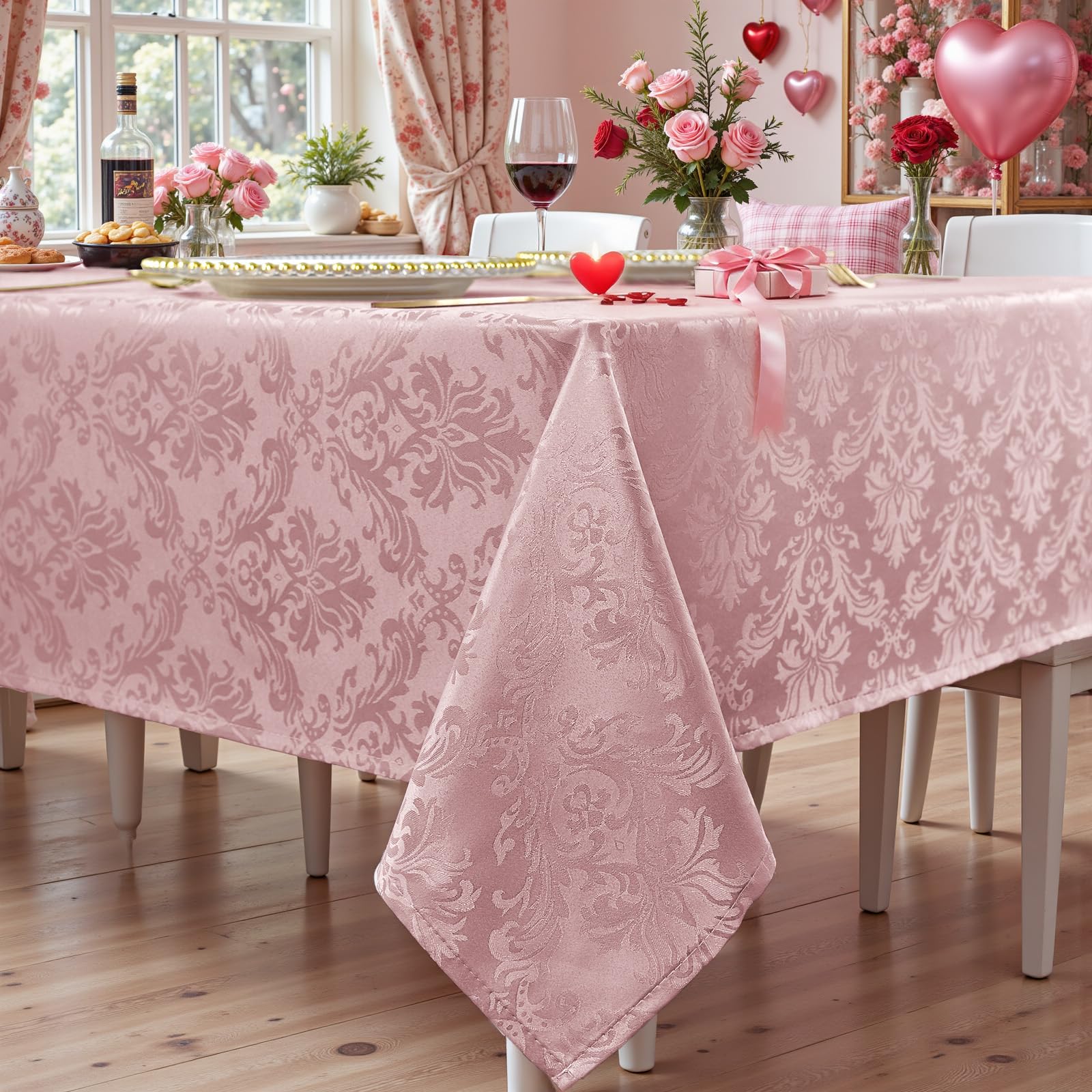 Rectangle Table Cloth - 60 x 84 Inch Pink Jacquard Tablecloths Damask Design Spillproof Wrinkle Resistant Shrinkproof Soft Tablecloth Polyester Oblong Table Cover for Kitchen Dinning Party Tabletop — image 1