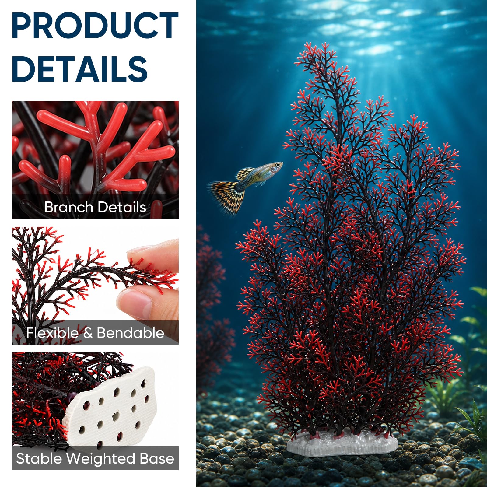 Kunststoff-Kunstpflanze für Aquarien, Dekoration, Unterwasser-Ornament für alle Fische, Versteck, Hütte, Schwarz, Rot, 2 Stück