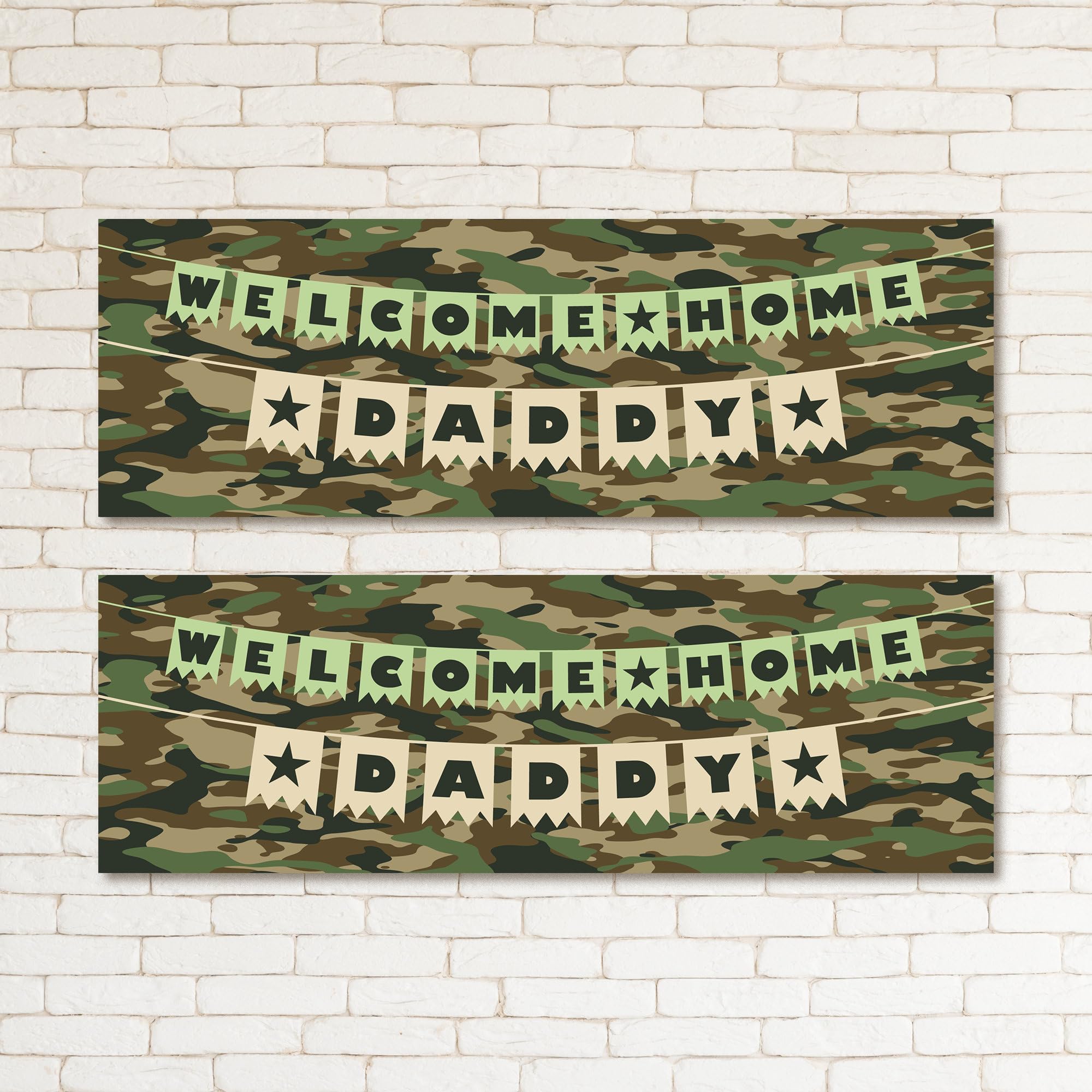Set of two Personalised Army Camo Kids & Adult Party Banner Event Decor Occasion Welcome Home Camo Print Custom Message Soldier Military Training