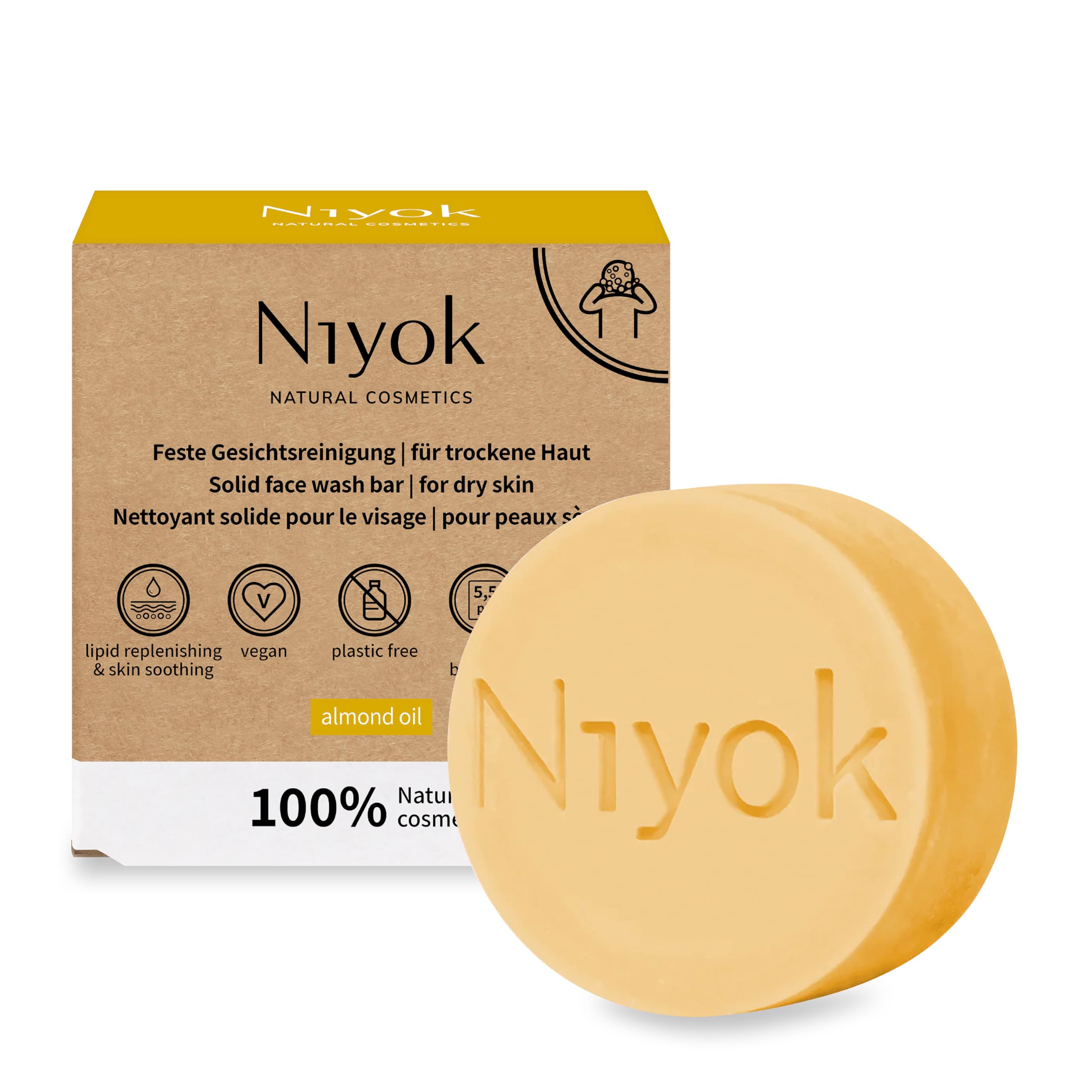Niyok® Stałe oczyszczanie twarzy "olejek migdałowy" (80 g) • mydło do twarzy do suchej skóry • pielęgnacja twarzy bez wysuszania • wegańskie mydło do twarzy • naturalne kosmetyki organiczne • mydło