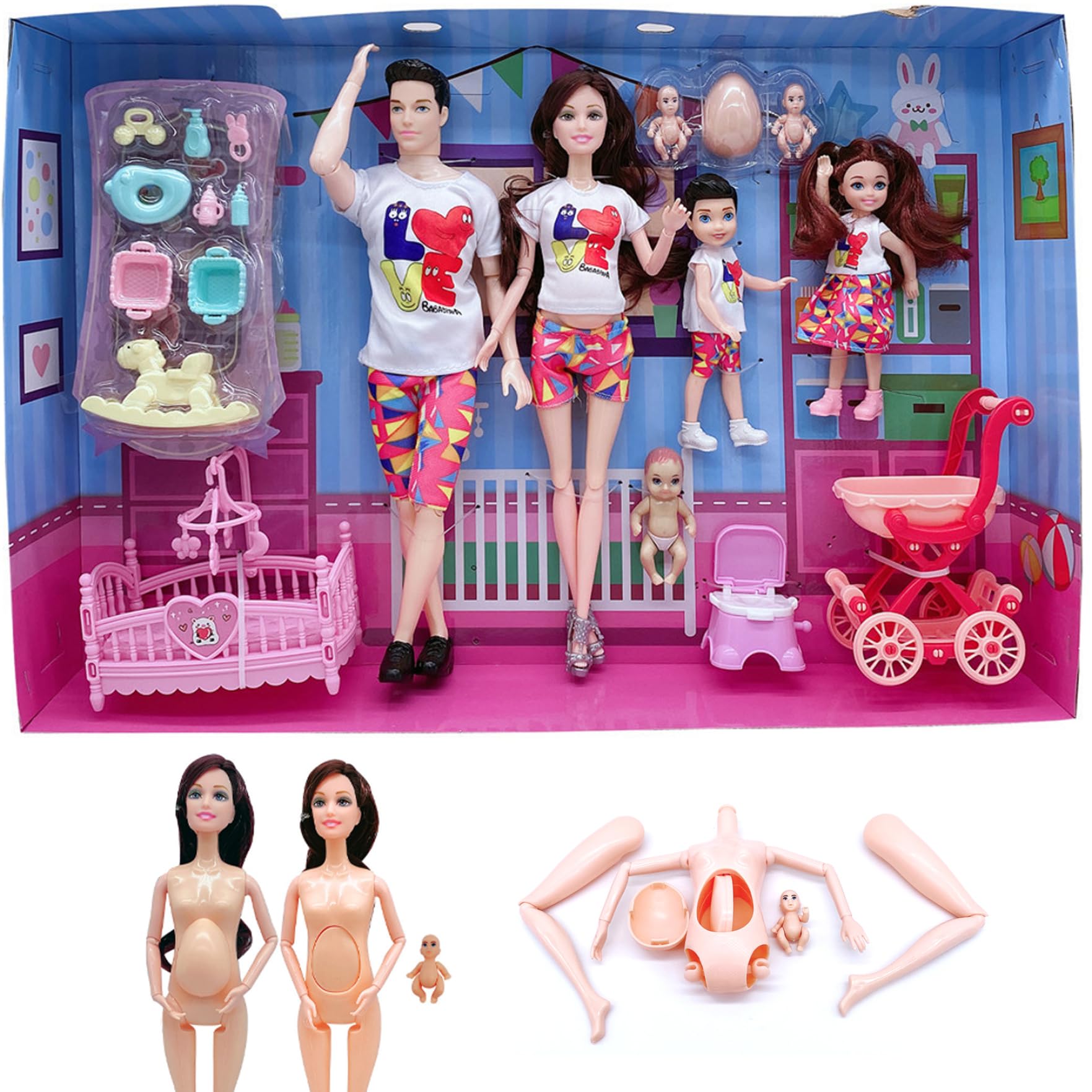 Juego de muñecas familiares de 5 muñecas embarazadas con articulación móvil con bebé en la barriga, juguetes para bebés embarazadas, papá y 2 niños para educación y accesorios para casas de muñe.
