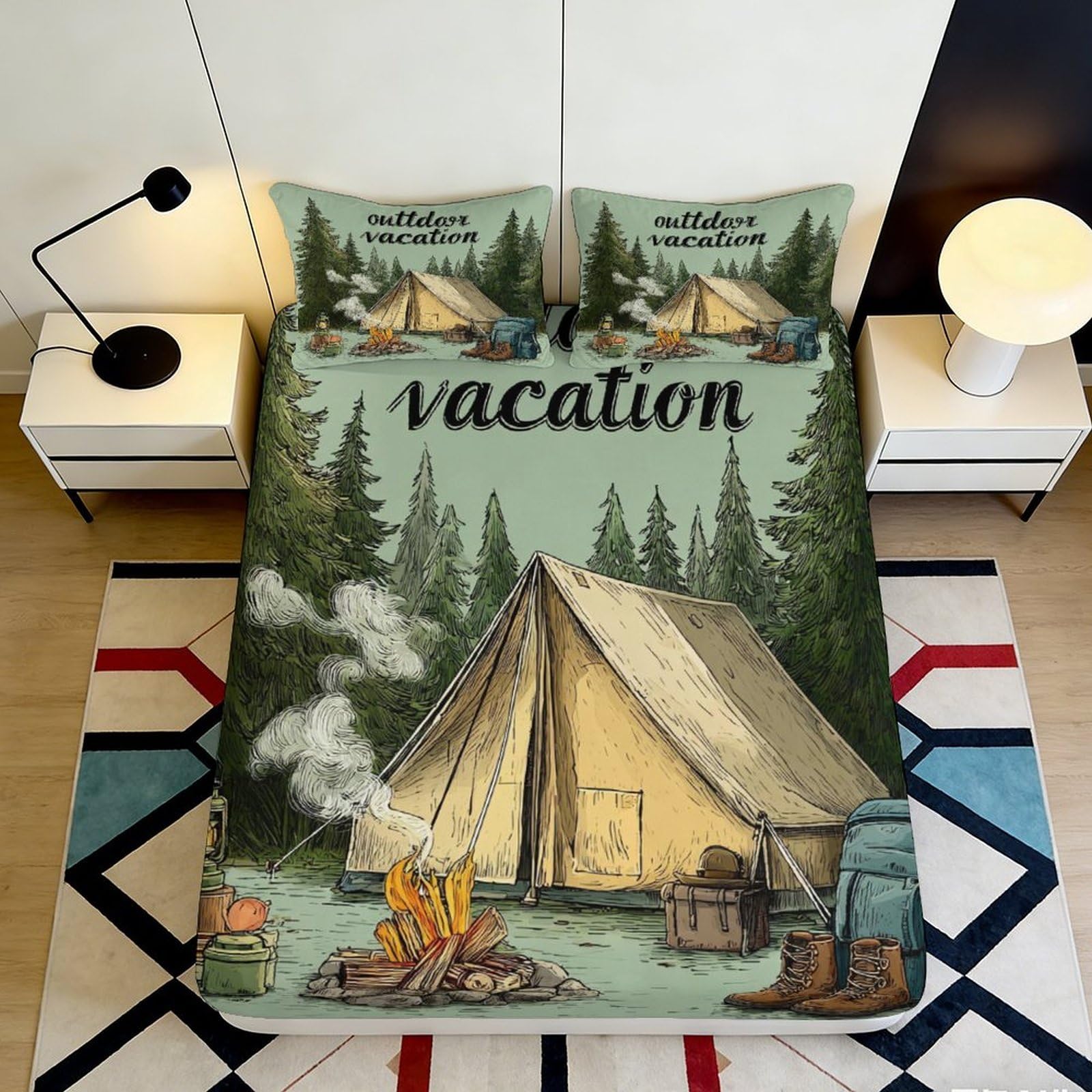 3D Printed Camping Tent Fitted Sheet Microfiber Forest Campfire Mattress Cover Bedroom Home Decor 90x200x25cm
