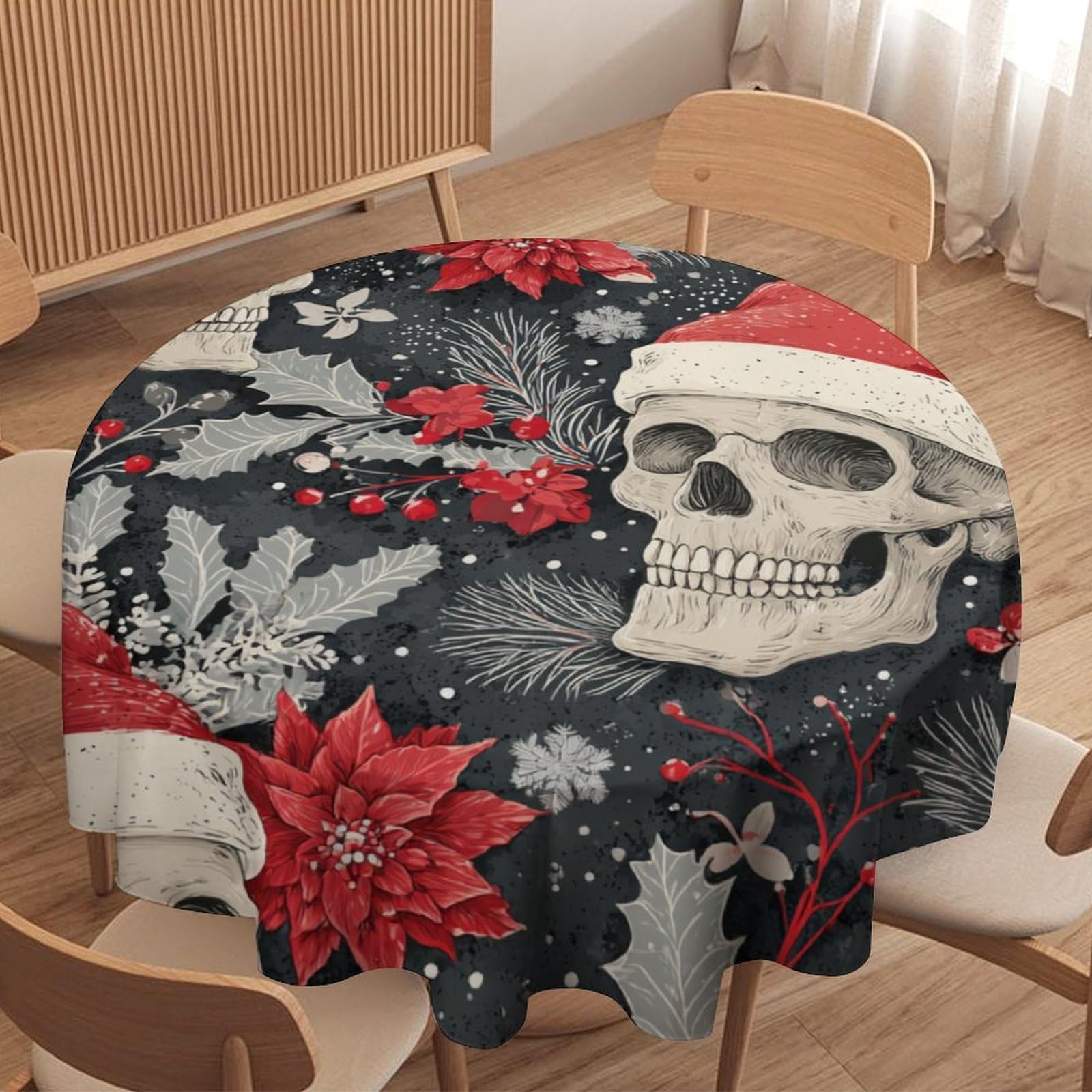 LUYYSKY Modern Abstract Skull Waterproof Round Tablecloth Classic Gothic Christmas Skull Skeleton Snowflake Print Washable Table Cover for Kitchen-177.8" Wx177.8 L cm