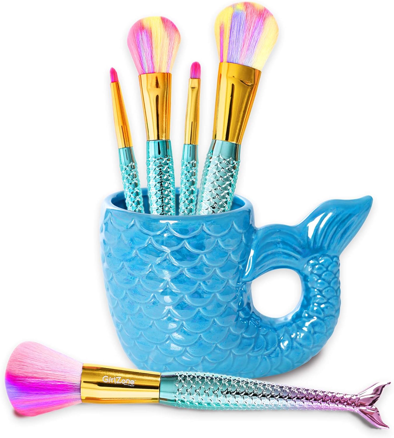 GirlZone: Fun Mermaid Makeup Brushes Kit Gift For Girls, Mermaid Tails on Brushes, Mermaid Tail Holder, Birthday Gift For Girls