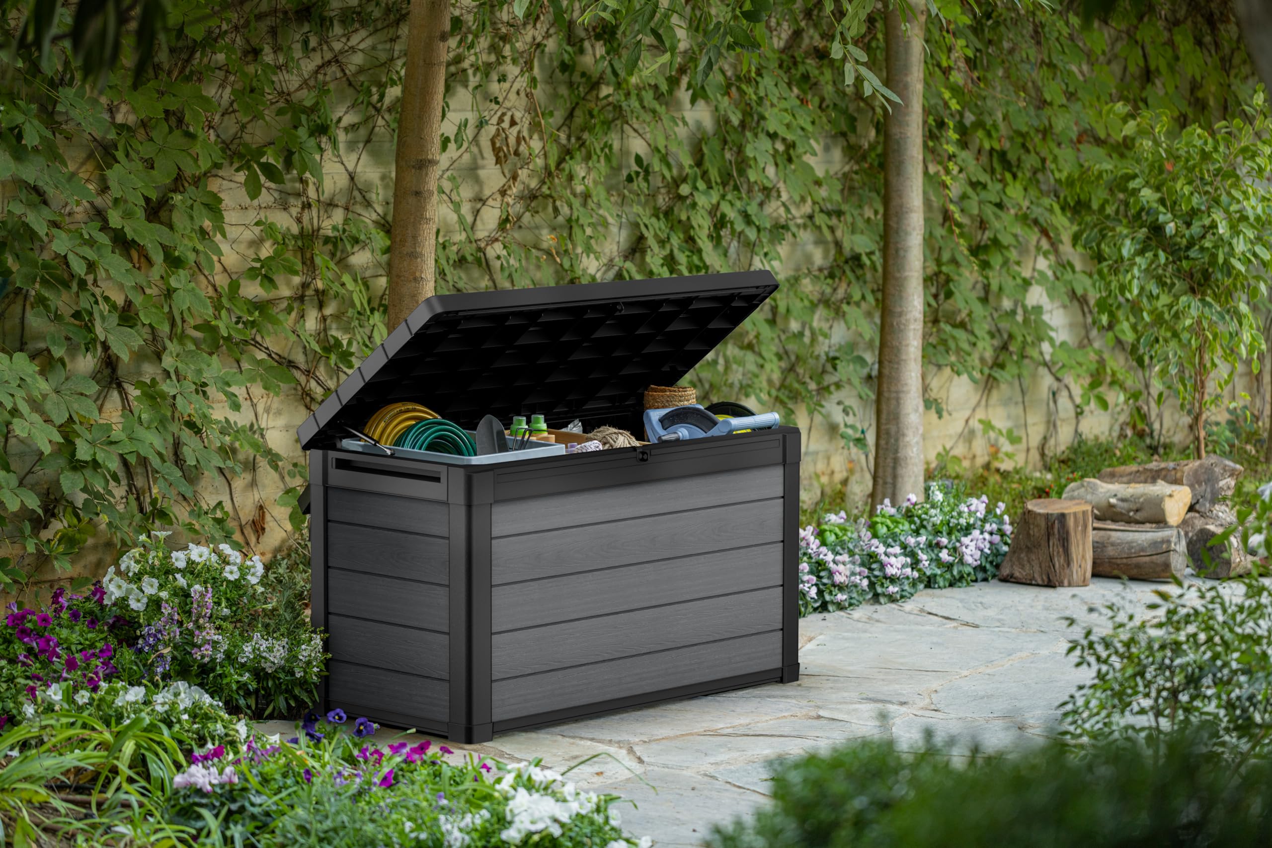 Keter Cortina 100G Baule da Giardino 380L Effetto Legno Grigio 122,9x62,1x70,6H cm