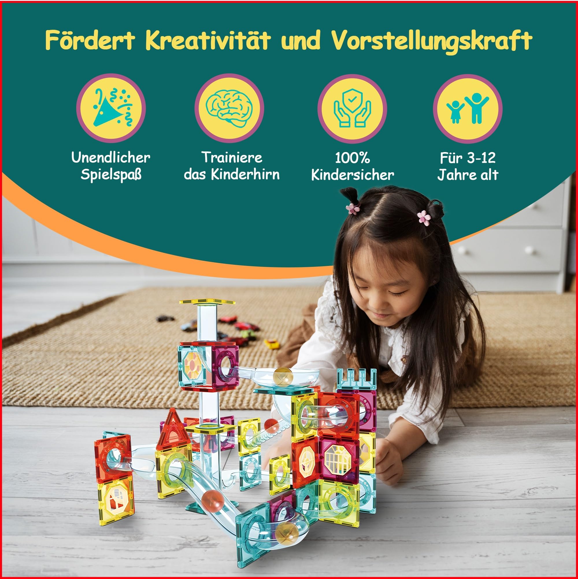 Olvy Magnetische Bausteine Montessori Spielzeug - 100 Magnetic Tiles Kinder - Murmelbahn Magnetisches Konstruktionsspielzeug Ab 3 Jahre - Smart Playground Magnetbausteine, Magnetset Kinder