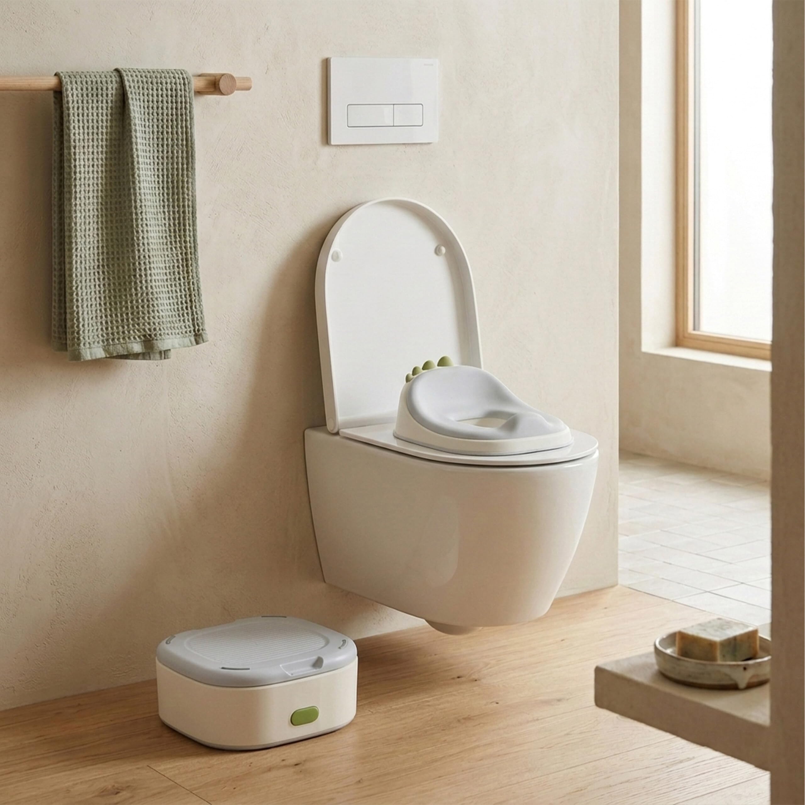 Relaxdays Töpfchen 4-in-1, Dino, Kindertoilette Deckel, HBT: 30x36,5x33,5 cm, WC-Trainer, Aufsatz & Hocker, Reise, blau