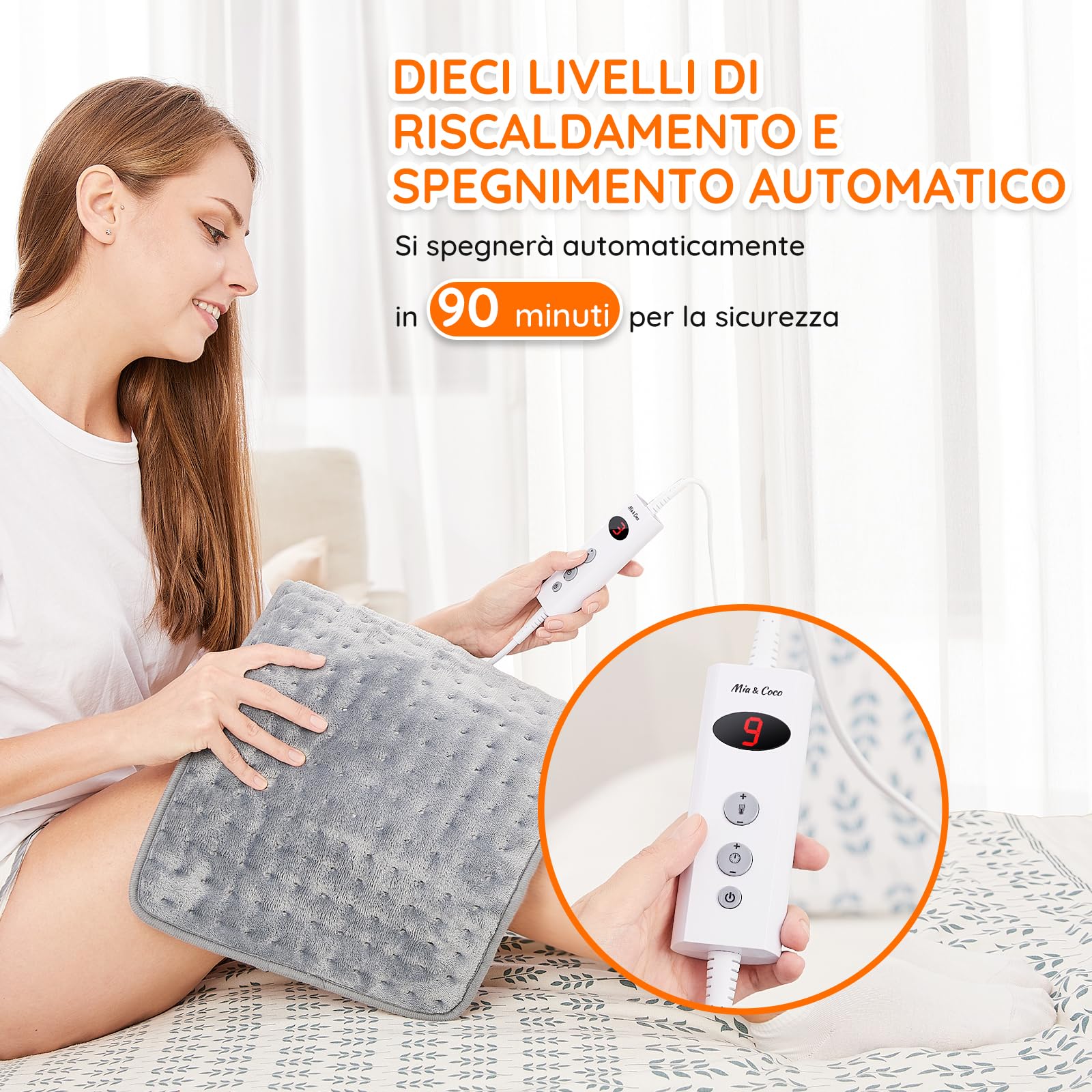 Cuscino Termoforo Elettrico Riscaldante 60x30cm, per alleviare il dolore, schiena collo spalle addome braccia e gambe, Spegnimento automatico in 90 minuti, 10 livelli di calore, lavabile in lavatrice