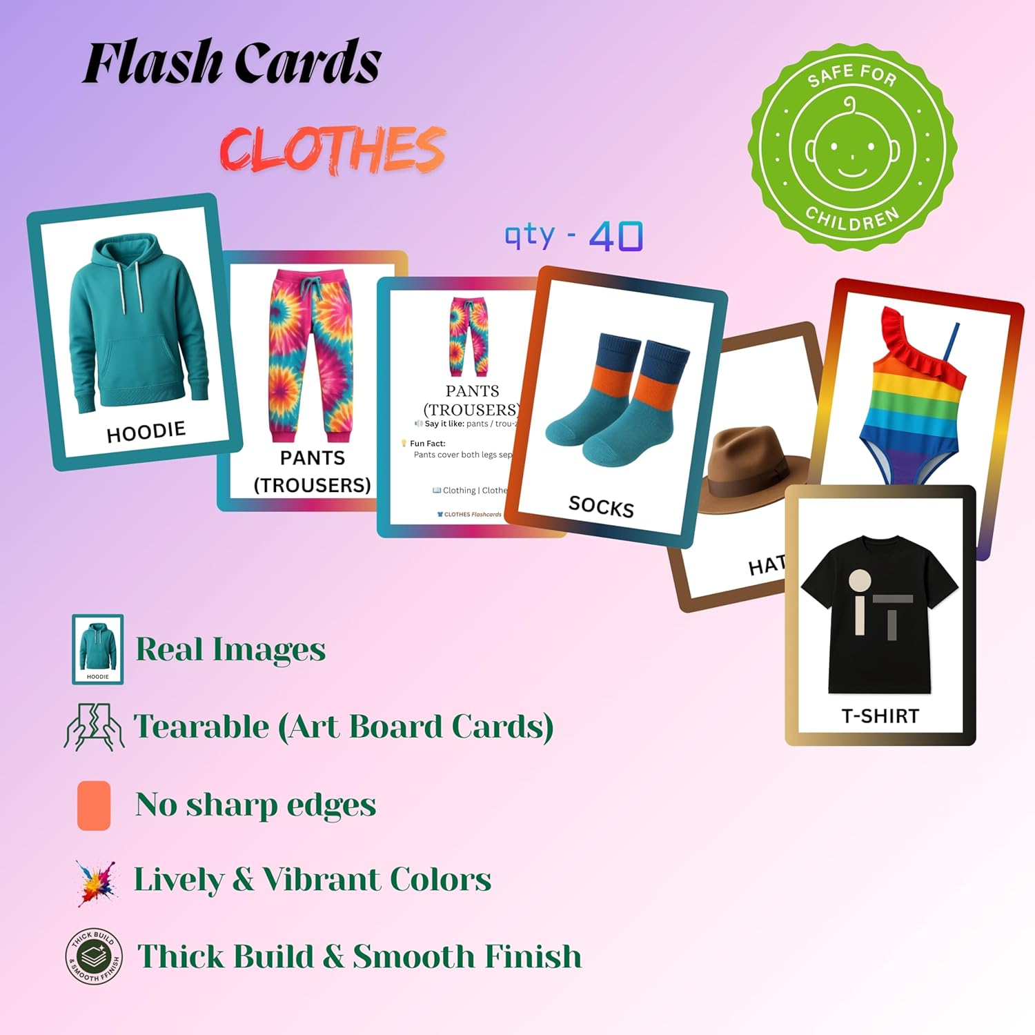 Clothes Flashcards – Art Board Learning Cards for Toddlers, Preschool & Kindergarten, Double-Sided Set
