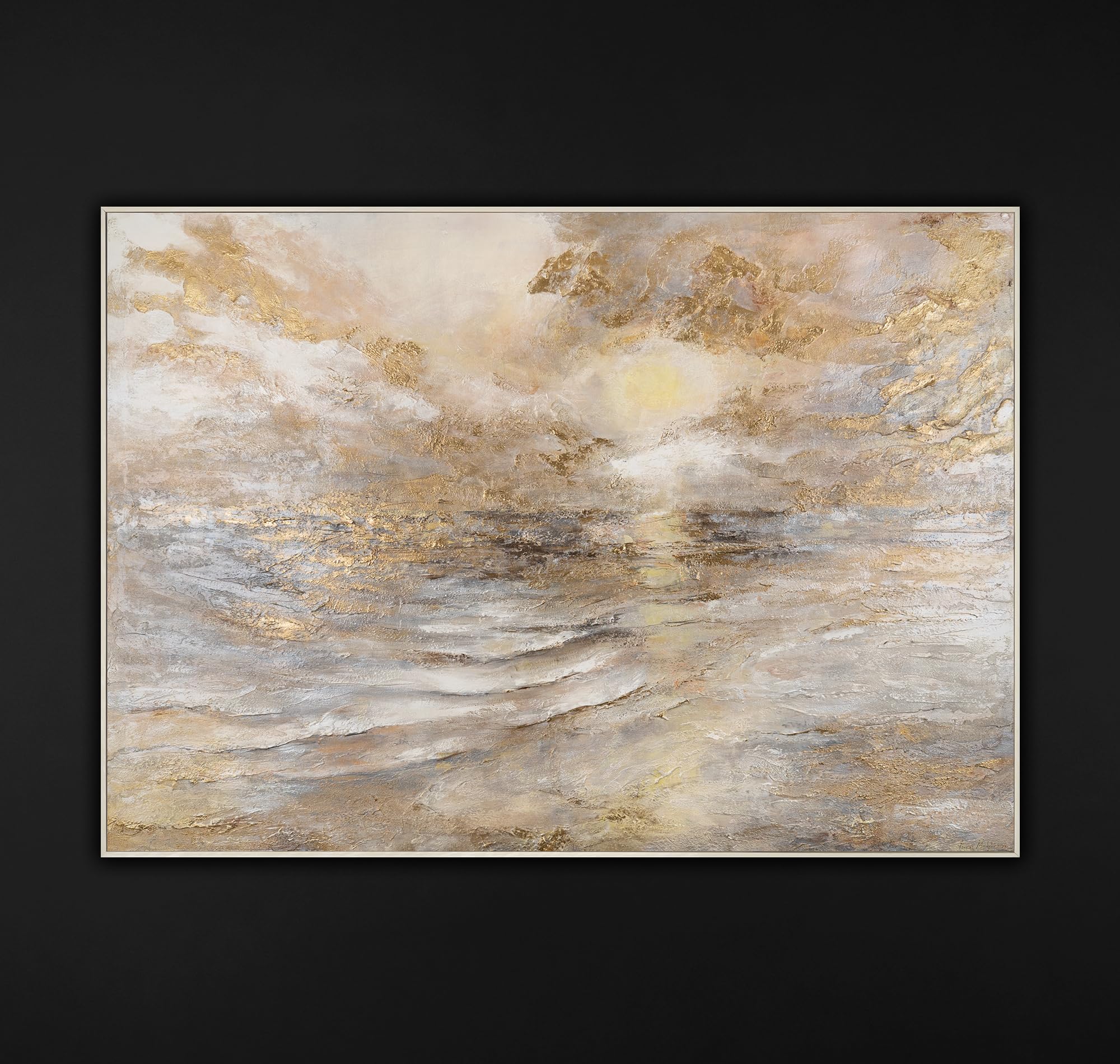 YS-Art Quadro Marino Beige Oro Perla Materico Dipinto a Mano su Tela per Soggiorno Luminoso Camera Relax e Hotel Boutique 120x80 cm