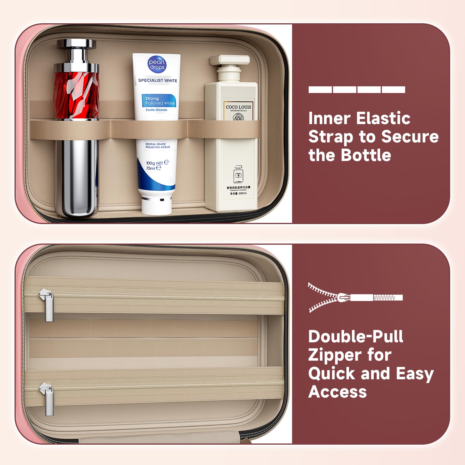 Voyree Travel Toiletry Bags, Portable Travel Bag with Hanging Hook for Women, Waterproof and Hanging Makeup Bag Travel Organizer Accessories for Travel Essentials (Pink, Medium) - 5