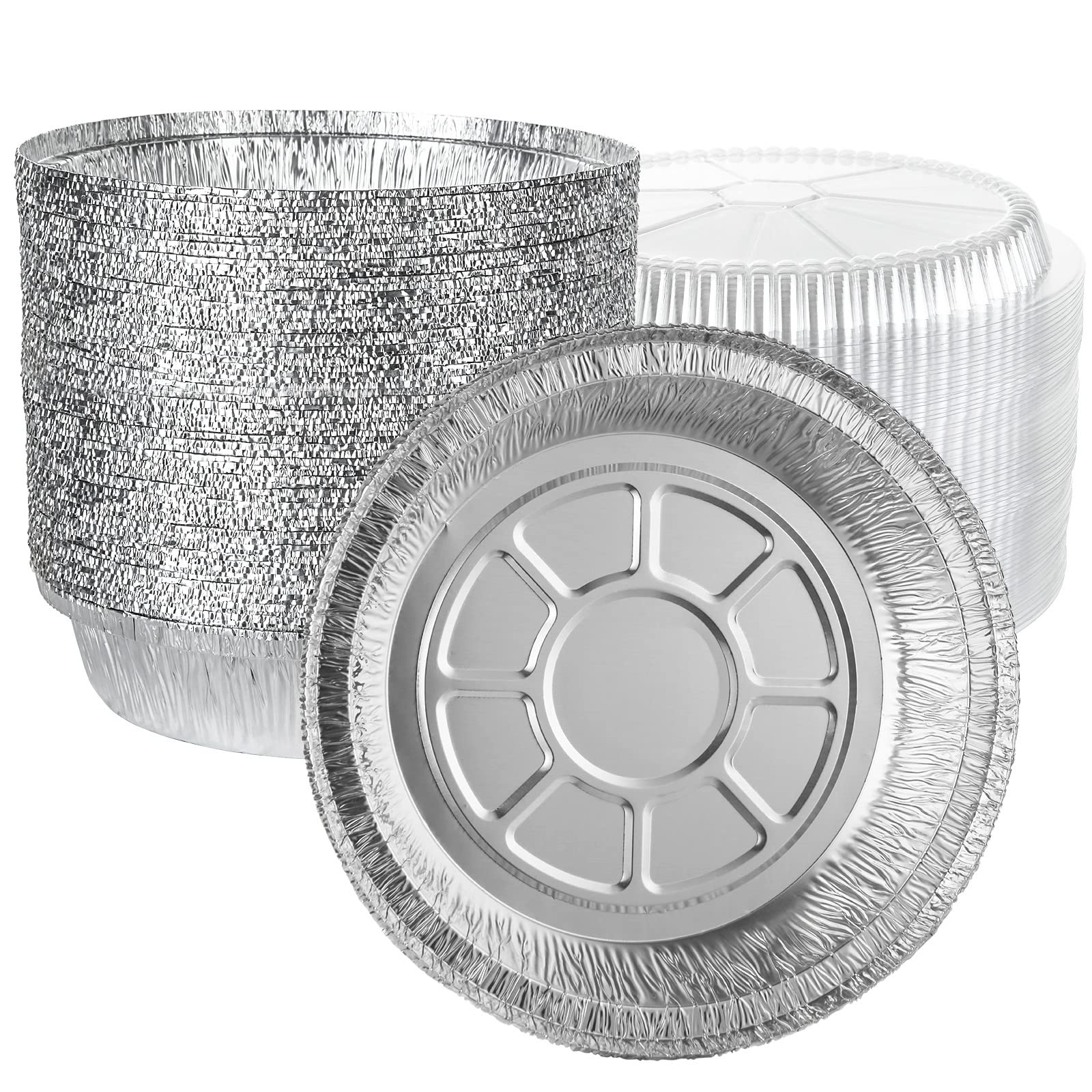 Lot de 50 plateaux ronds en aluminium de 17.8 cm, plateaux ronds en aluminium de 720 ml avec couvercles, fête, barbecue (18.2x4.5 cm)