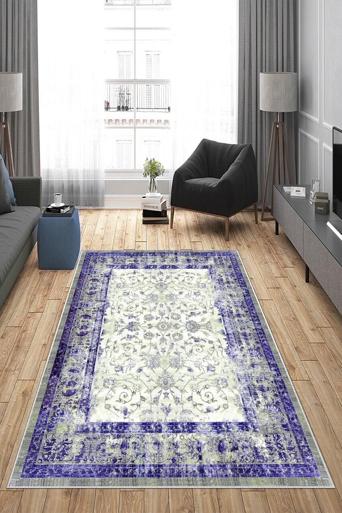 Pelangi Mor Çerçeveli Çiçek Desenli Yıkanabilir Kaymaz Taban Leke Tutmaz Modern Salon Halısı Ve Yolluk, Mor 40 x 40, 745711834040728