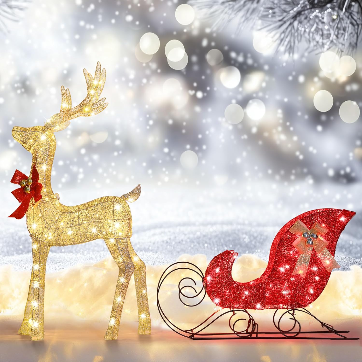 Reindeer Christmas Decoration for Yard, 2-Piece Light Up Reindeer and Sleigh for Christmas Outdoor Decorations Yard, Lighted Christmas Deer Outdoor Holiday Decorations Gold Red