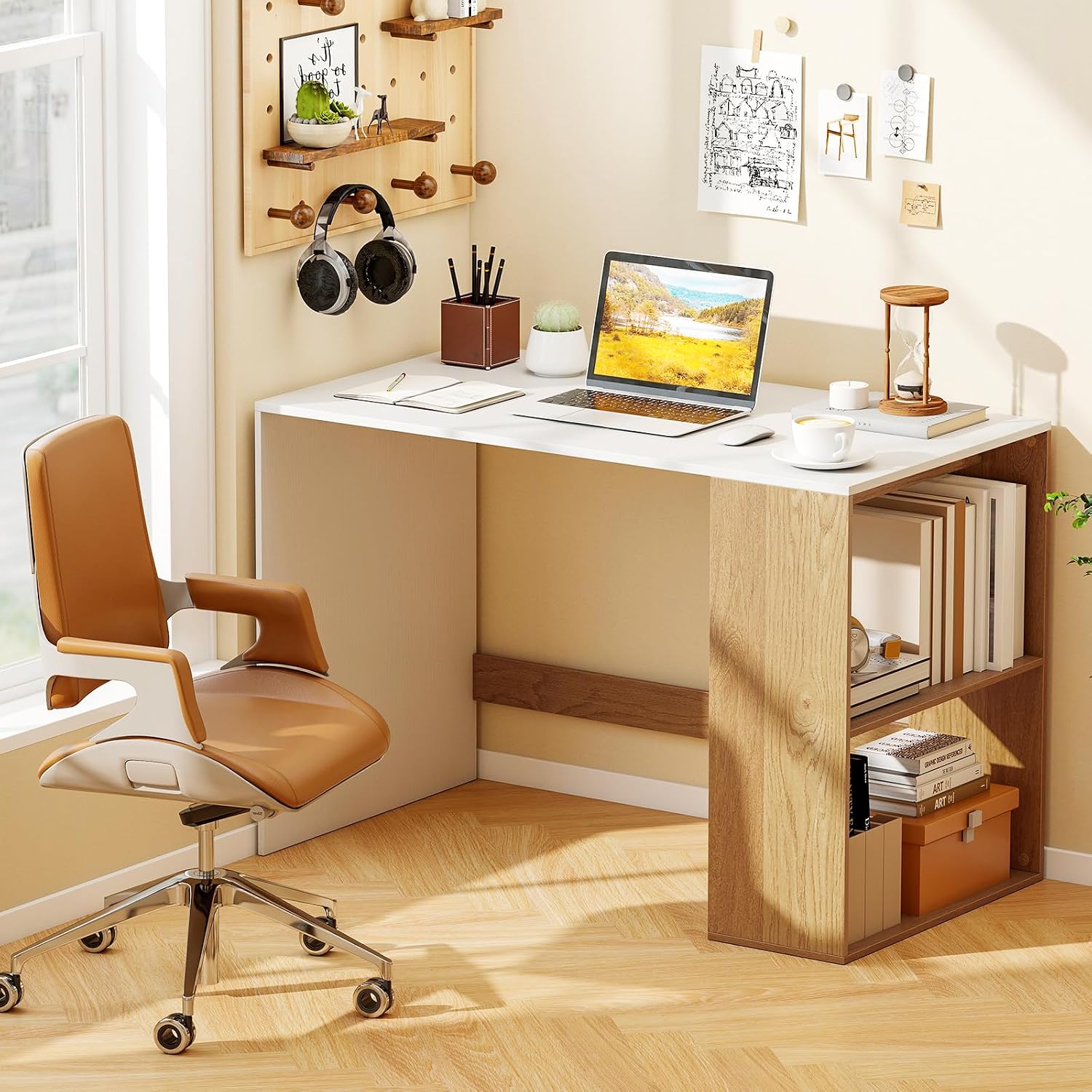 Giantex Small Desk with Bookshelf, 44 Inch Modern Computer Desk for Small Spaces, Laptop PC Desk, Vanity Table for Bedroom, Study Writing Desk for Home Office (White+Natural)
