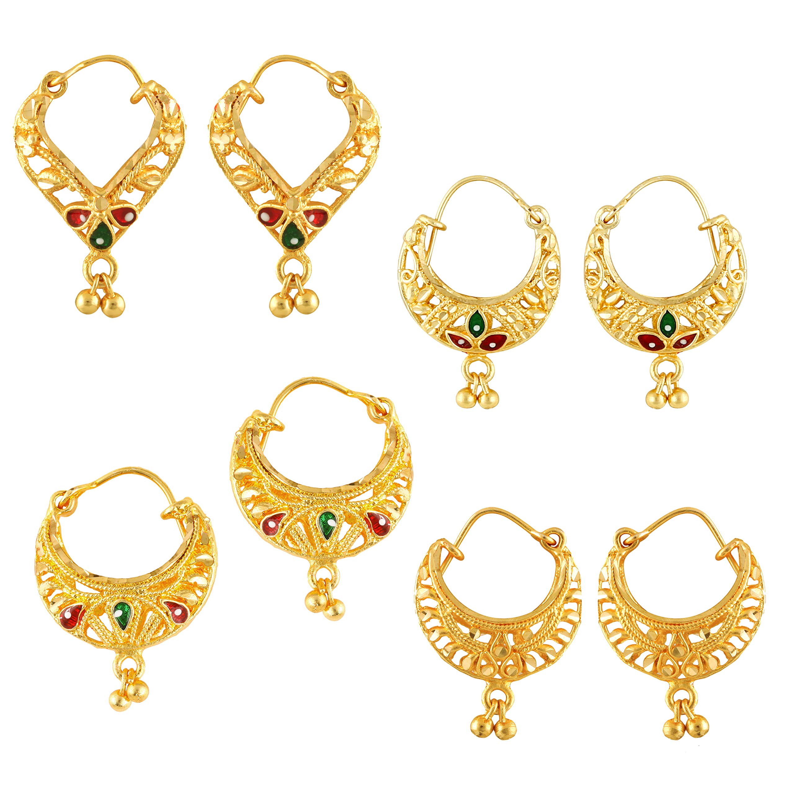 Hoop Earrings For Women girls Combo Set Pack Traditional Temple 1 One Gram Gold 18k Copper Brass Ruby Meenakari South Indian Screw Back Studs Tops Stud Fashion Stylish Bali Ear rings combo-M106-image-34
