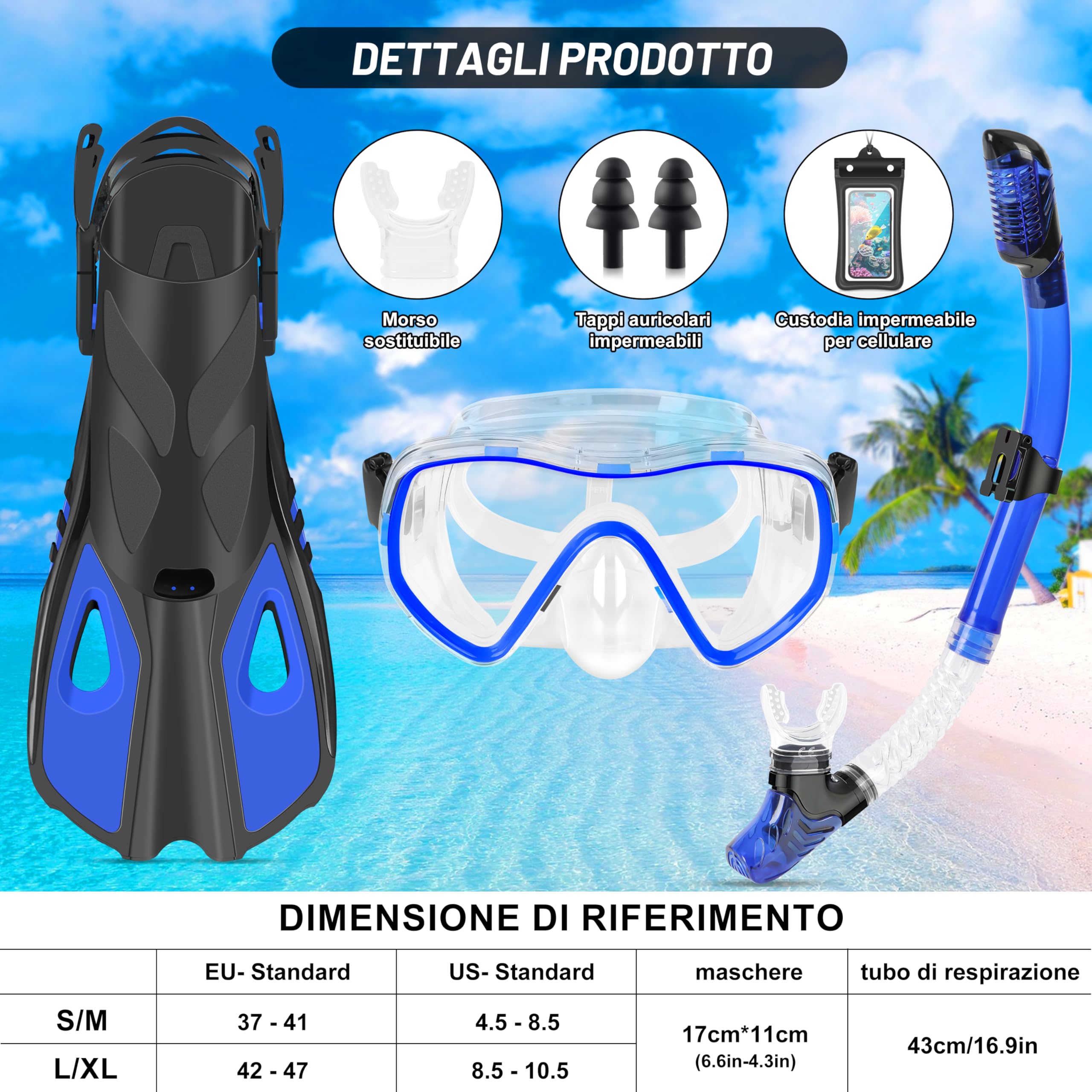 IEEILULU Set da Snorkeling 7 Pezzi per Adulti con Occhiali Antiappannante, Boccaglio e Pinne Regolabili