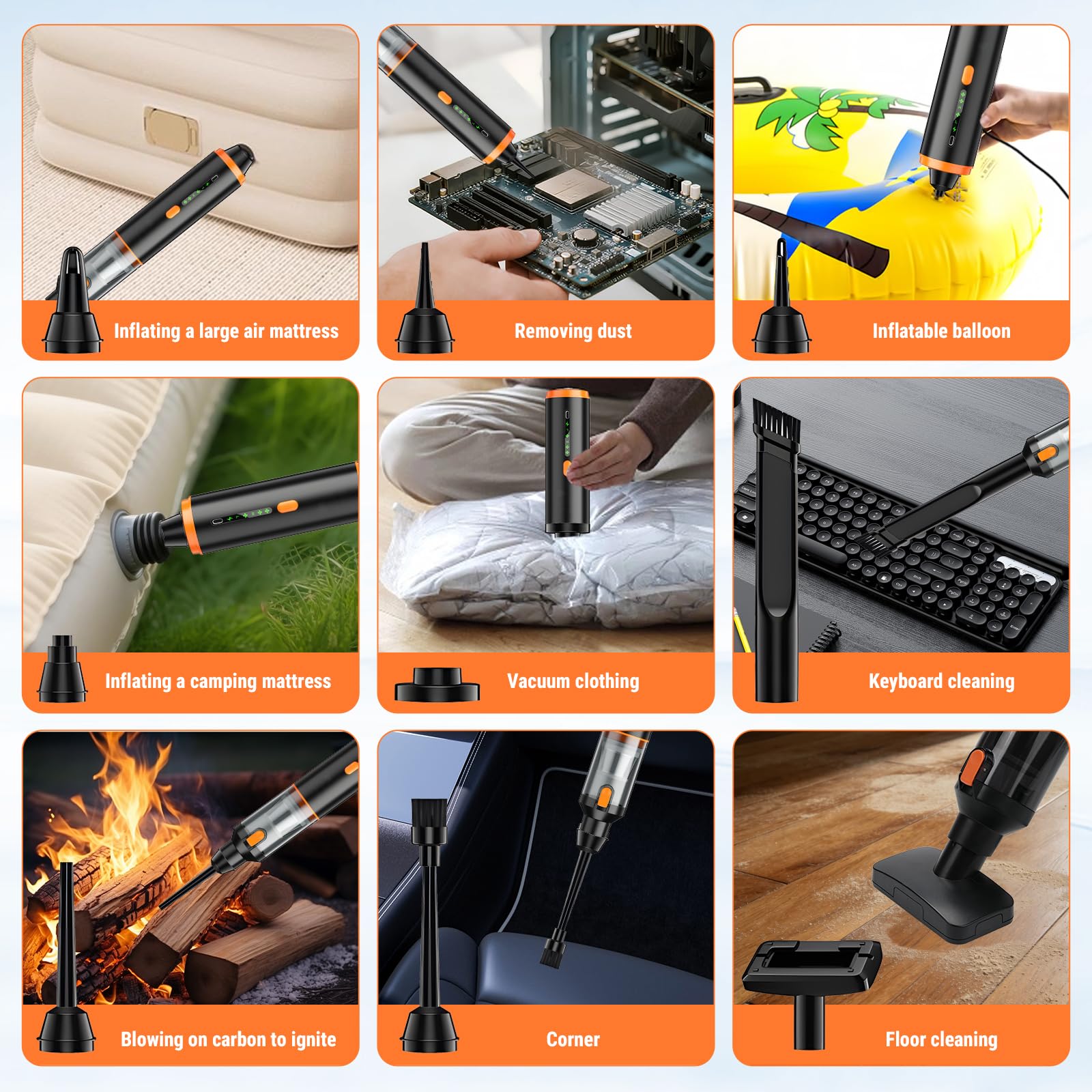 Nikou Aspirabriciole Senza Fili, Mini Aspirapolvere Portatile Auto 19000PA | 4 in 1 Ricaricabile Aspirapolvere Potente, Aspiratore e Soffiatore, 3 Velocità, per Casa Auto Peli di Domestici Scrivania PC