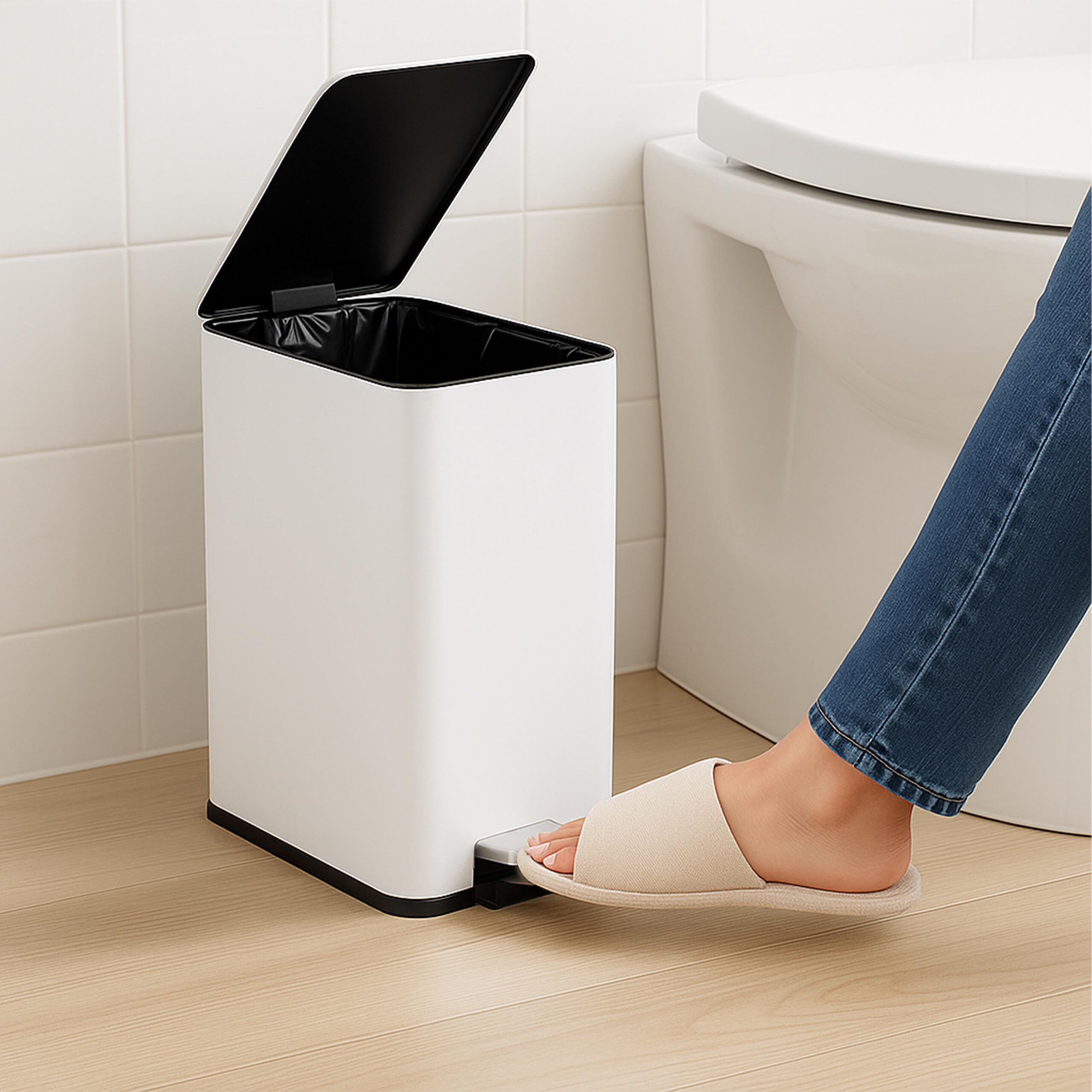 Relaxdays Cubo de Basura Baño, 10 litros, Papelera Rectangular, Tapa con Cierre Suave, Acero Inoxidable en Mate, Blanco