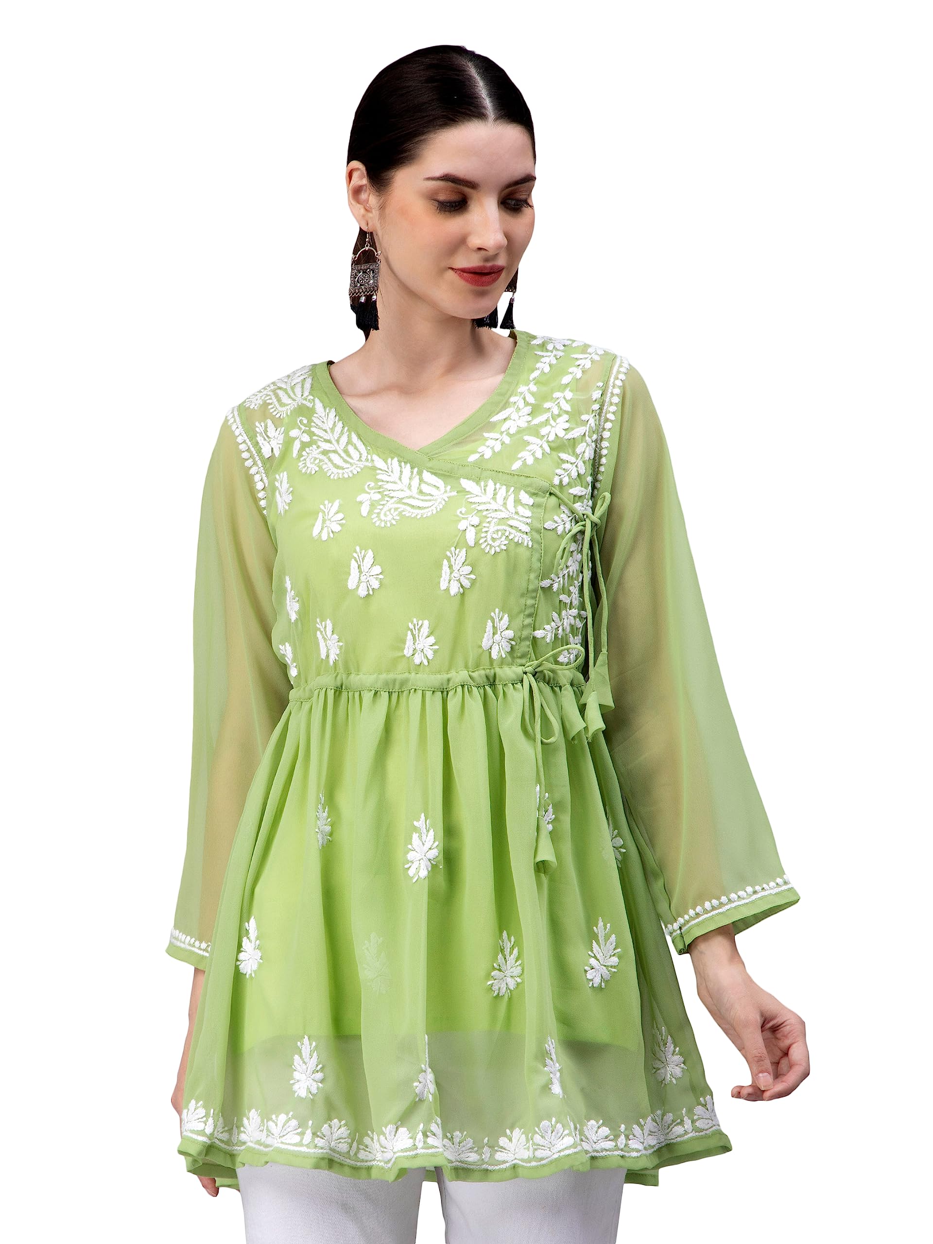 Hand Embroidered Lucknowi Chikankari Light Blue Angarkha Georgette Women Short Top & Tunic with Slip SCL9064